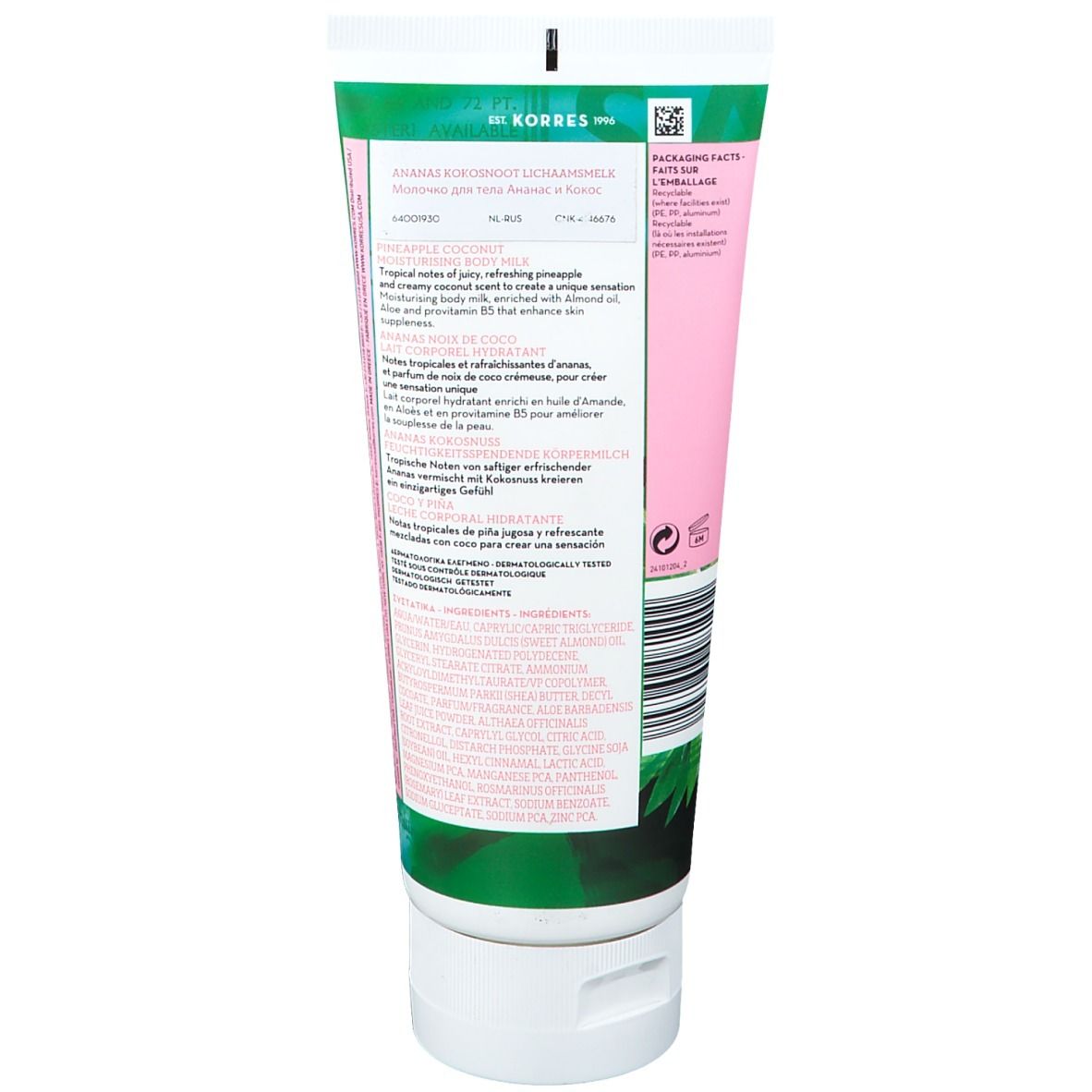 Dos du tube de lait corporel avec texte multilingue. Contient informations sur les ingrédients et le produit.