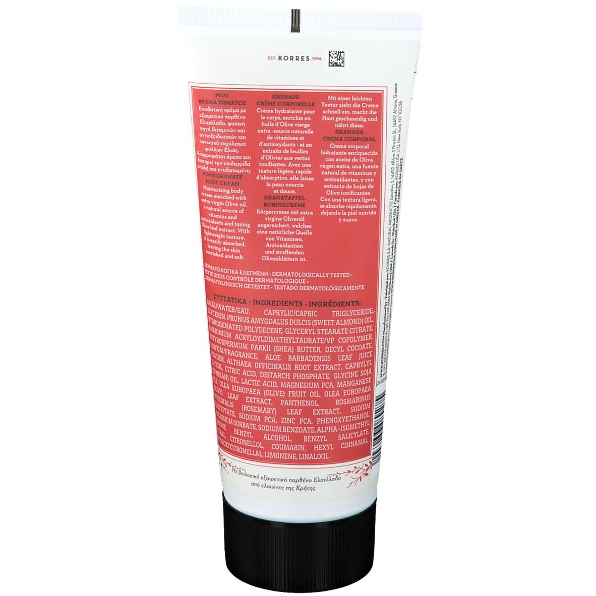 Tube de lait corporel blanc avec étiquette rouge. Bouchon à vis noir. Texte : KORRES, ingrédients, testé dermatologiquement.
