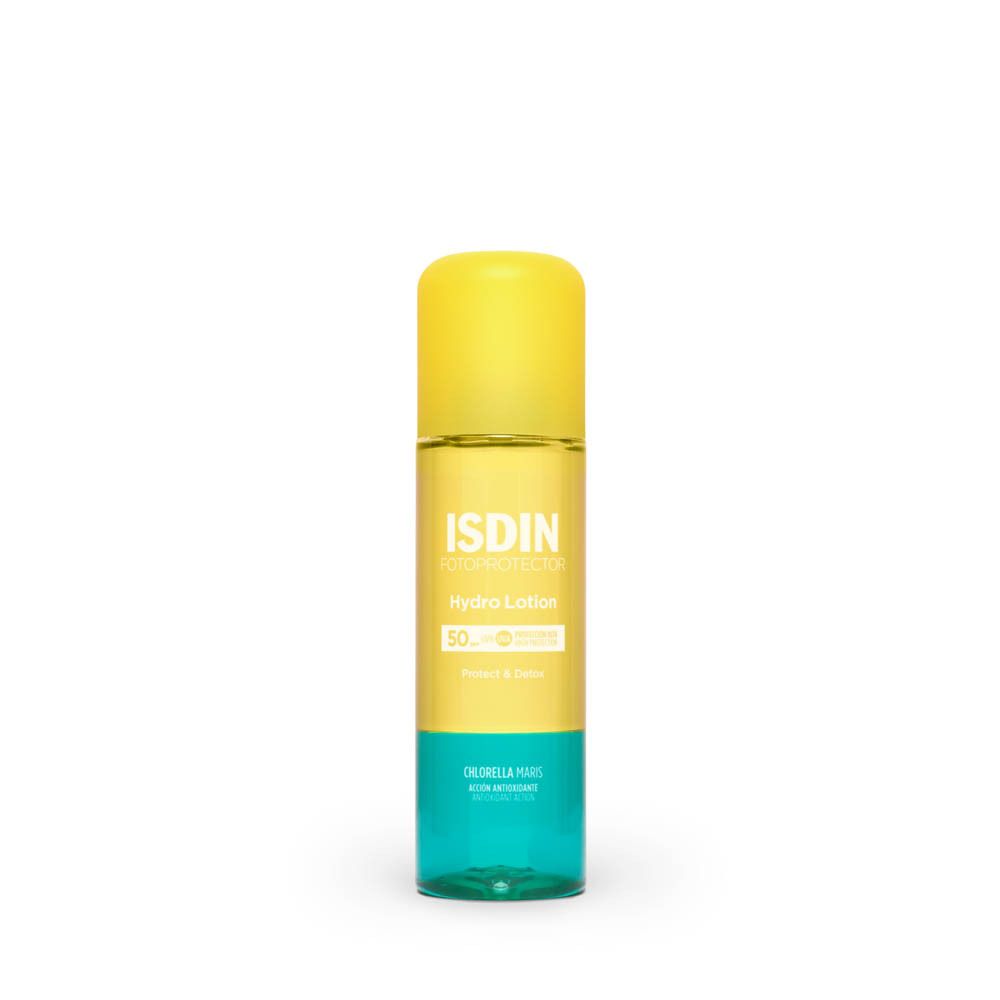 Flacon. Bouchon jaune, base bleue. Texte: ISDIN Fotoprotector Hydro Lotion 50. Inscription: Protect & Detox.