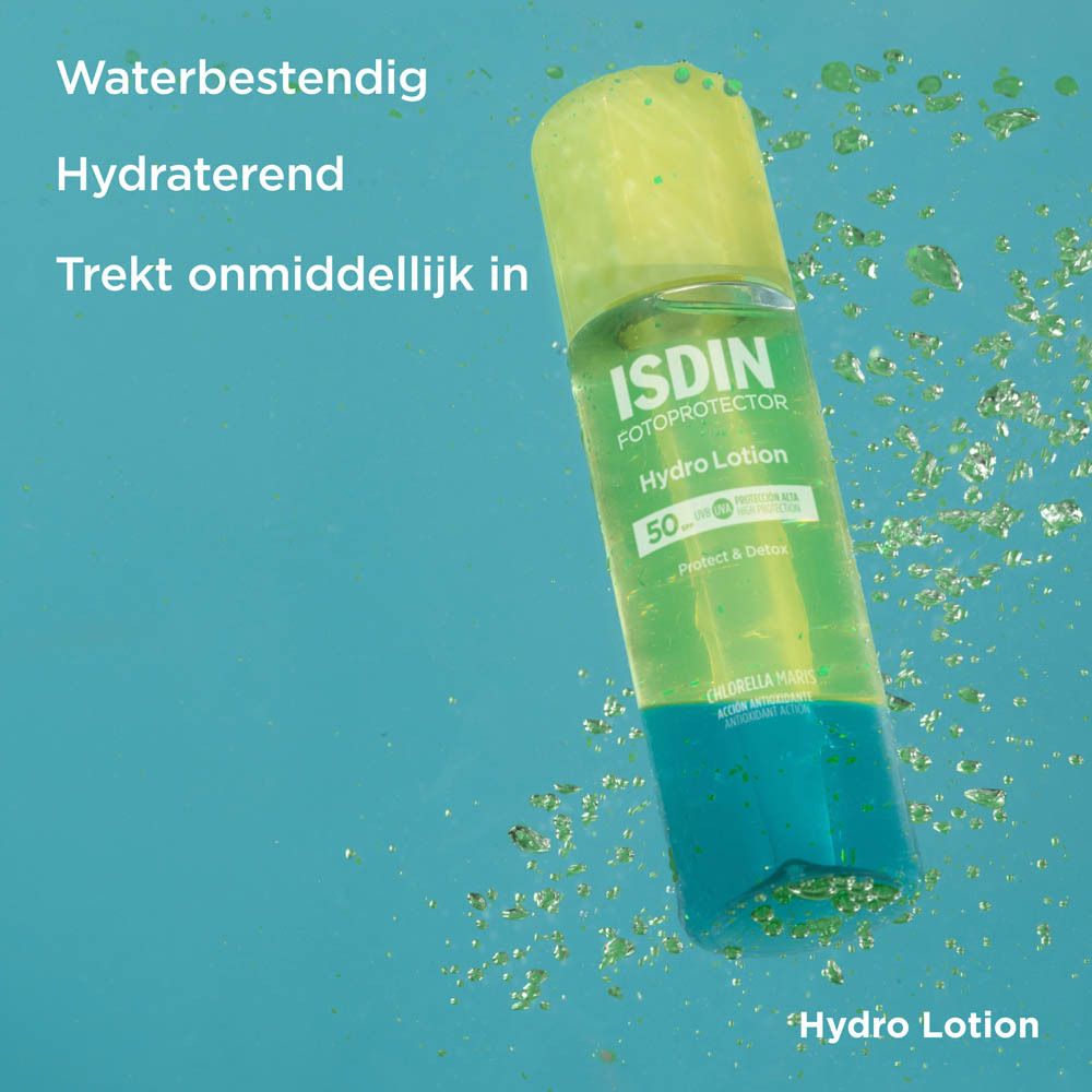 Flacon ISDIN Hydro Lotion SPF 50+. Liquide jaune-vert. Eau. Texte.