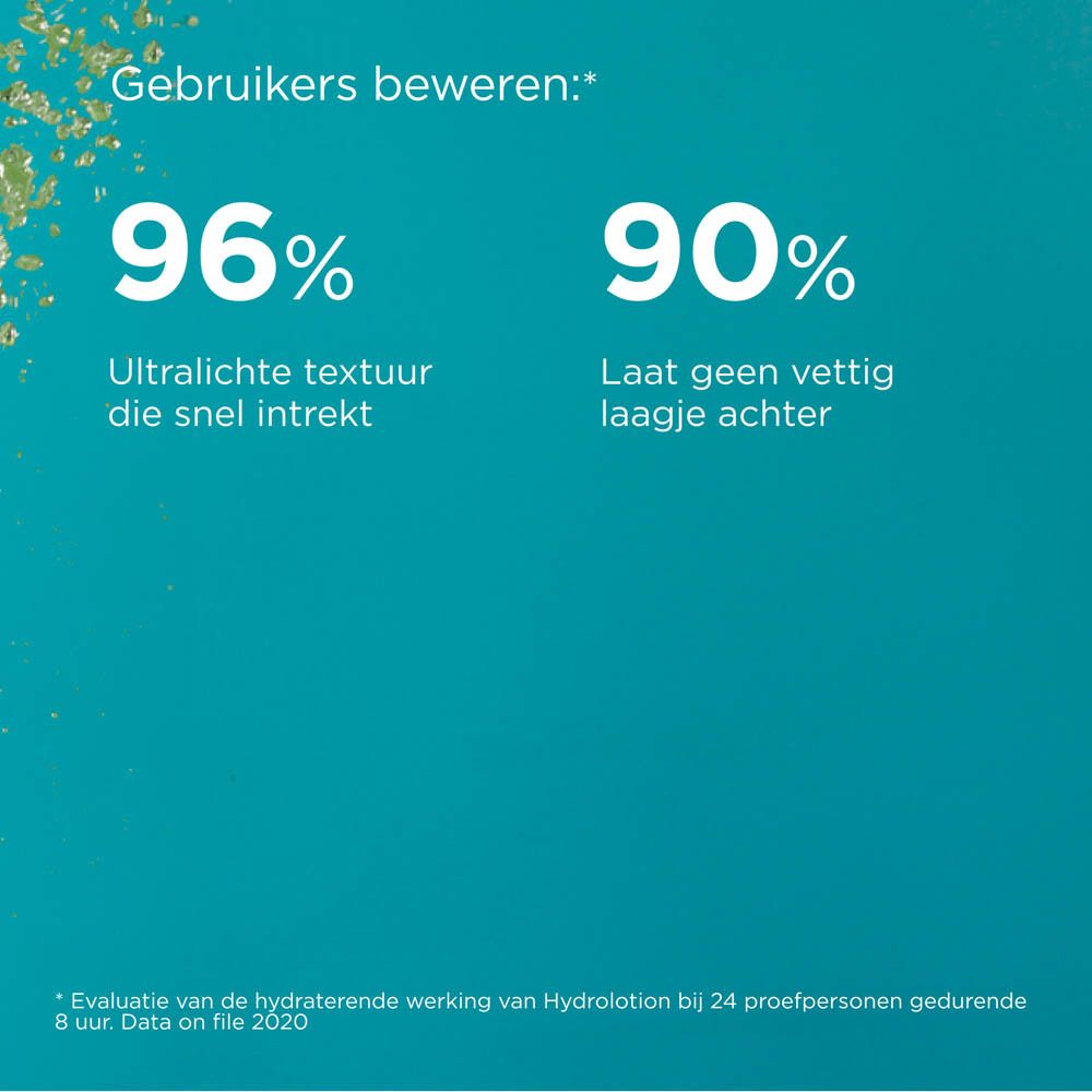 Pourcentages. Texte. Flacon ISDIN Hydro Lotion SPF 50+. Liquide jaune-vert.