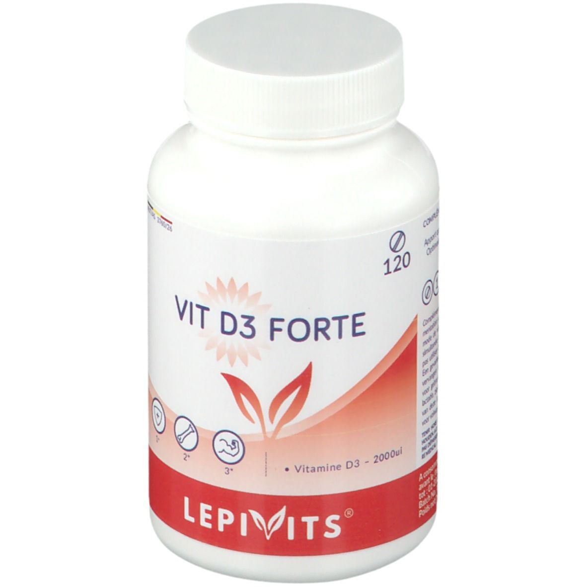 Flacon blanc avec "VIT D3 FORTE" et "LEPIVITS". Bande rouge en bas. Contient 120 comprimés.