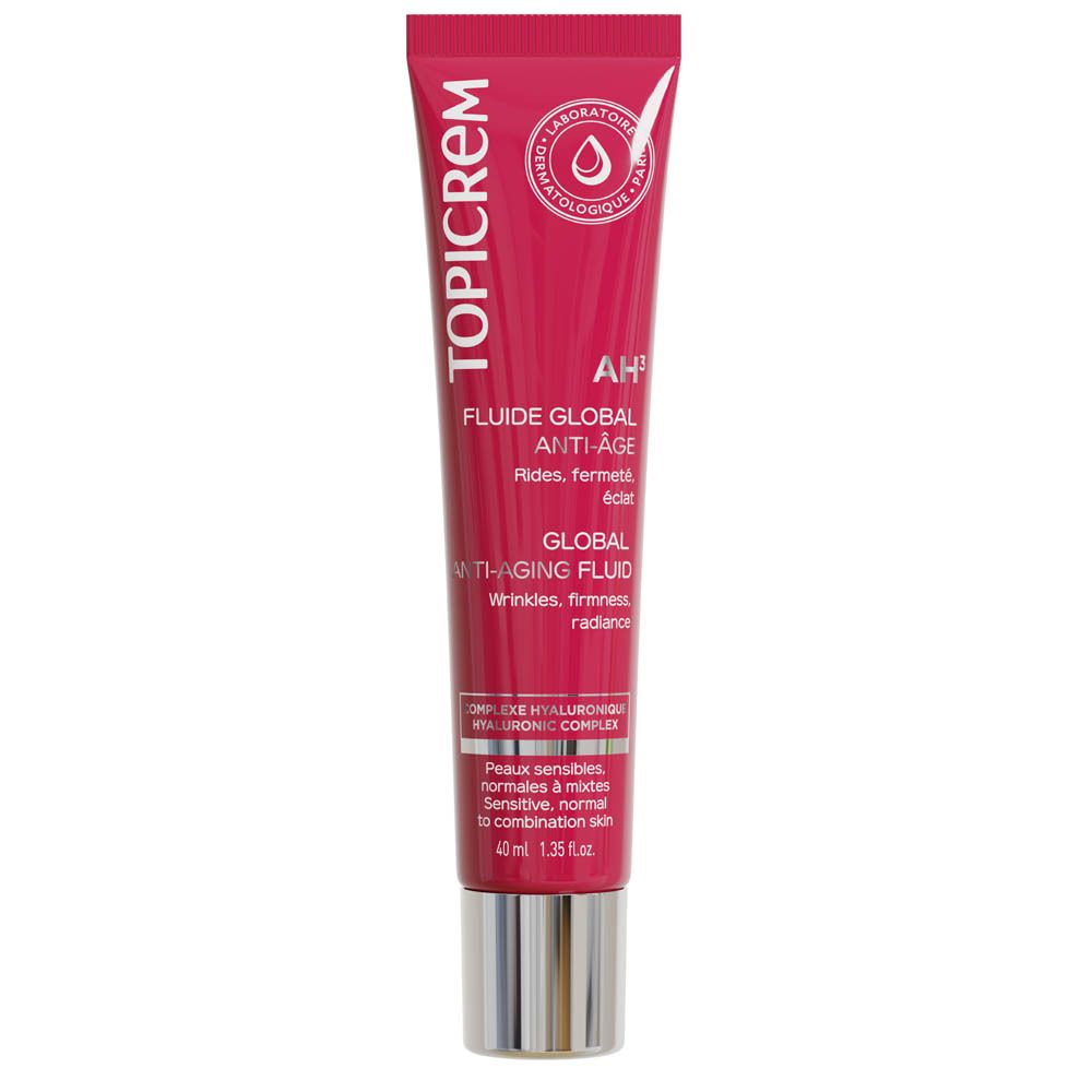 Tube rouge. Inscription TOPICREM et AH3. Texte: Fluide Anti-Âge Global. 40ml.