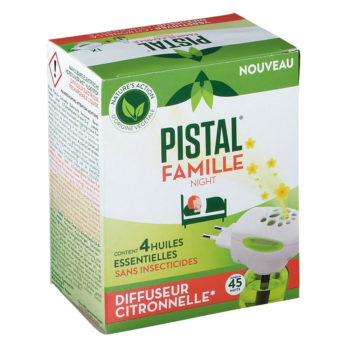 Boîte Pistal Famille Night. Contient 4 huiles essentielles sans insecticides. Diffuseur Citronnelle. 45 minutes.