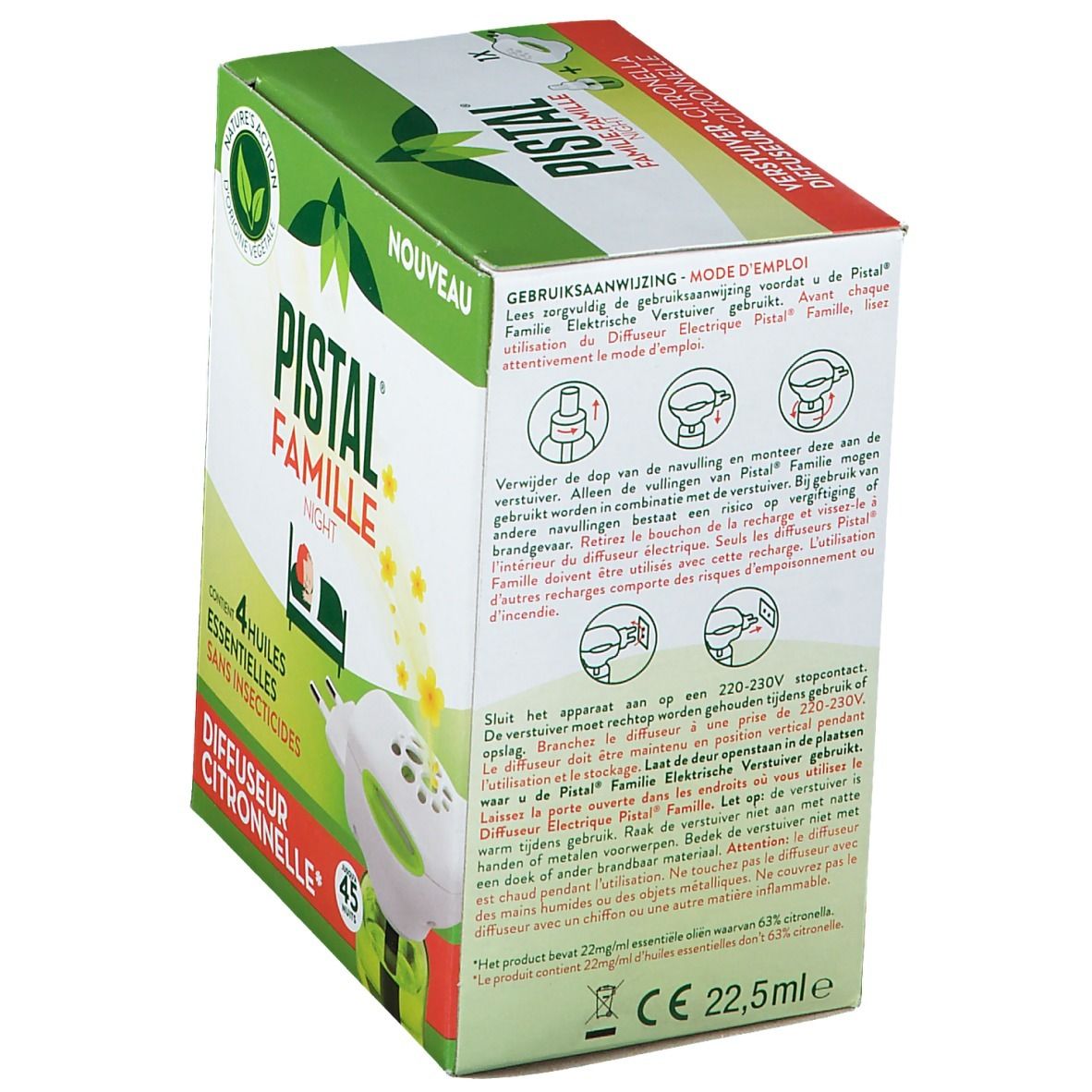 Dos de la boîte Pistal Famille Night. Contient mode d'emploi et avertissements. Diffuseur Citronnelle.