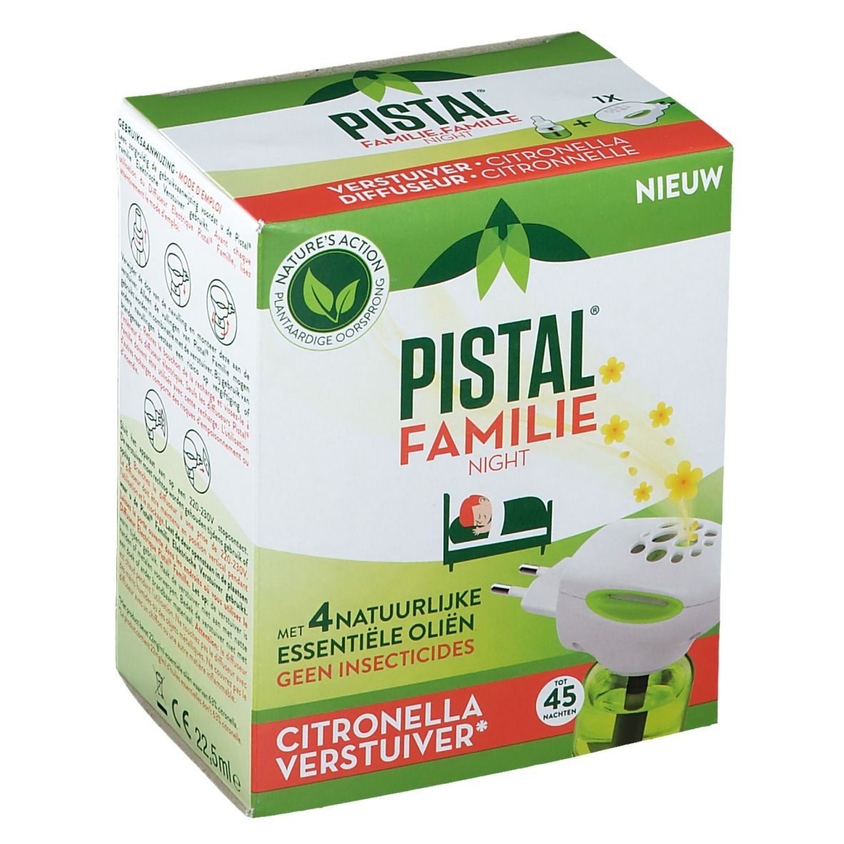 Boîte Pistal Famille Night. Contient 4 huiles essentielles naturelles sans insecticides. Citronella Verstuiver.
