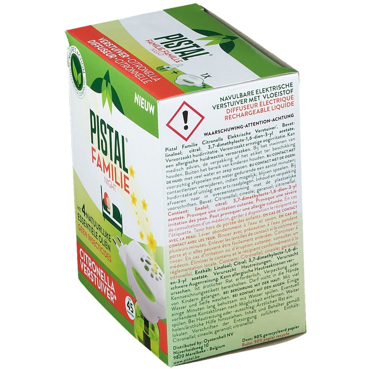 Boîte Pistal Famille Night. Contient des avertissements. Contient 4 huiles essentielles naturelles sans insecticides. Citronella Verstuiver.