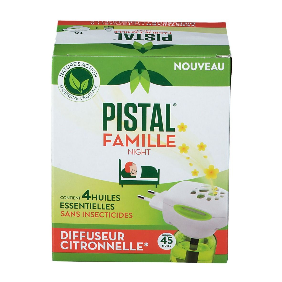 Boîte Pistal Famille Night. Contient 4 huiles essentielles sans insecticides. Diffuseur Citronnelle. 45 minutes.