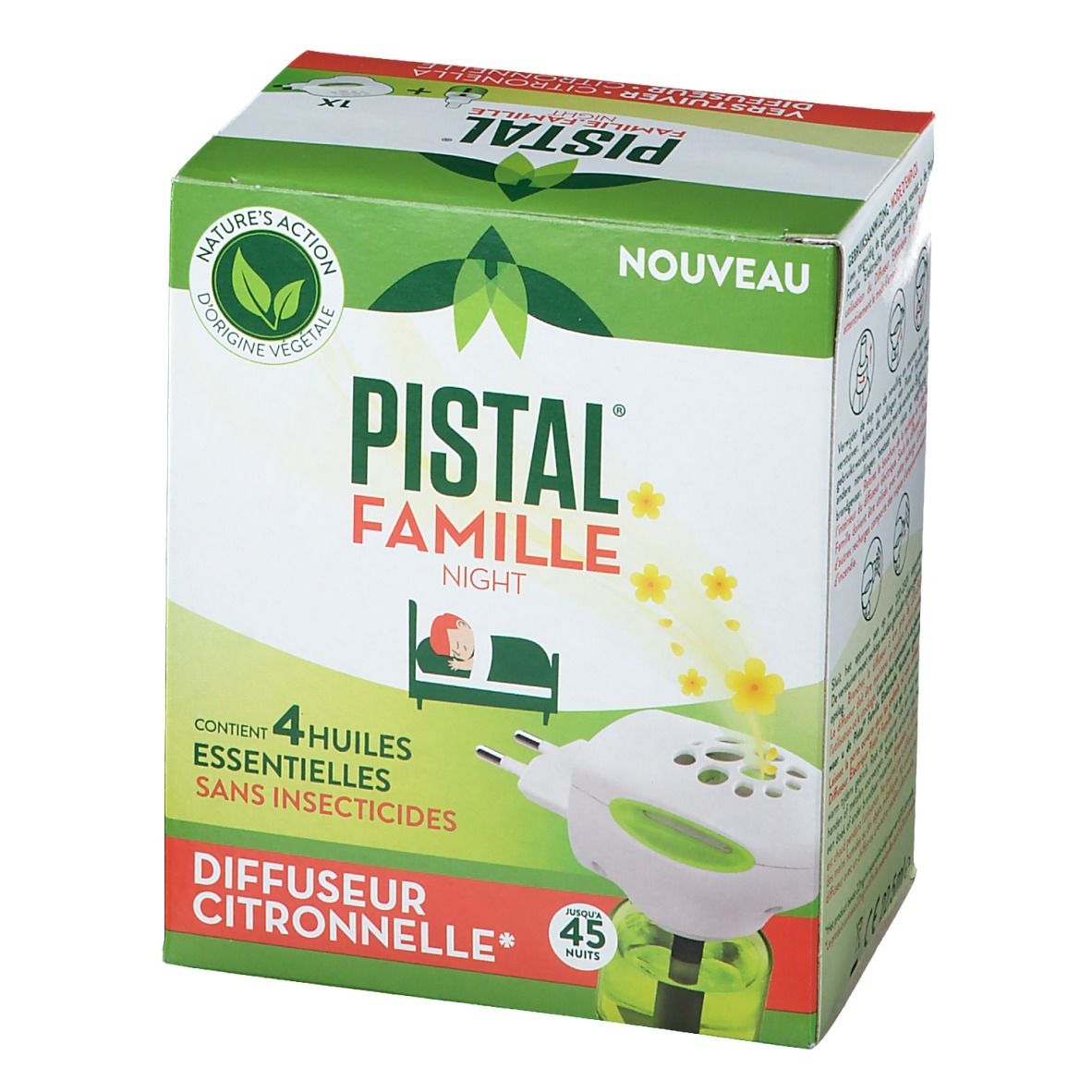 Boîte Pistal Famille Night. Contient 4 huiles essentielles sans insecticides. Diffuseur Citronnelle. 45 minutes.