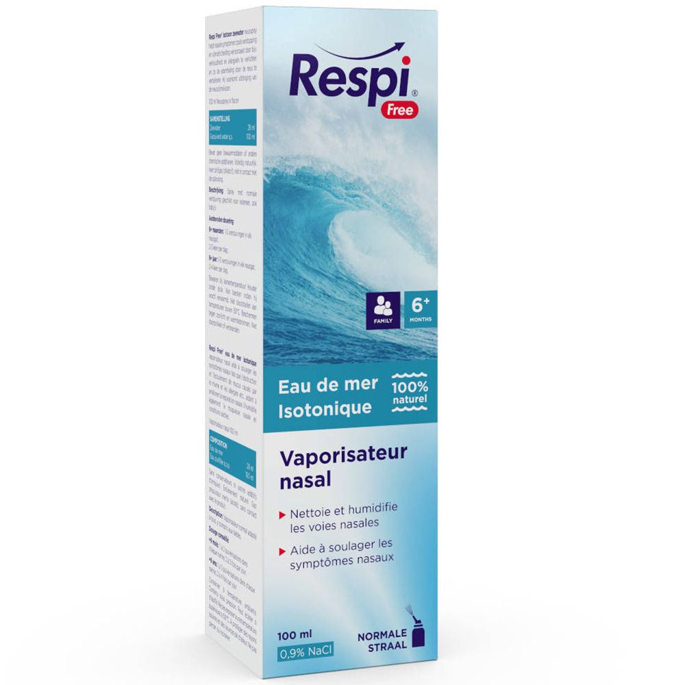 Boîte bleue et blanche avec informations produit. Motif vagues. Texte: Respi Free, Eau de mer isotonique, 100 ml.