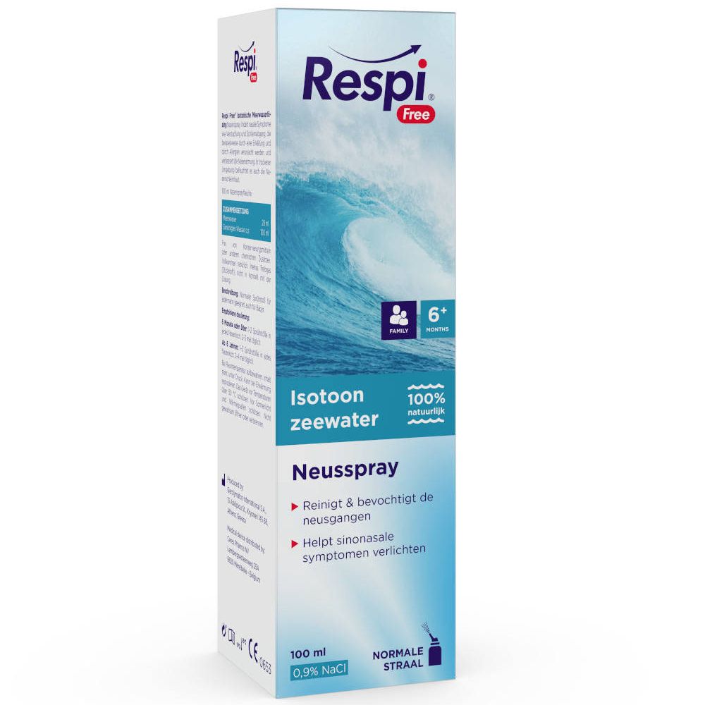 Boîte bleue et blanche avec informations produit. Motif vagues. Texte: Respi Free, Isotonisch zeewater, 100 ml.