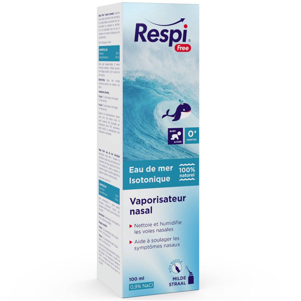 Emballage carton avec informations produit. Inscription: Respi Free, Eau de mer isotonique, pour bébés et enfants.
