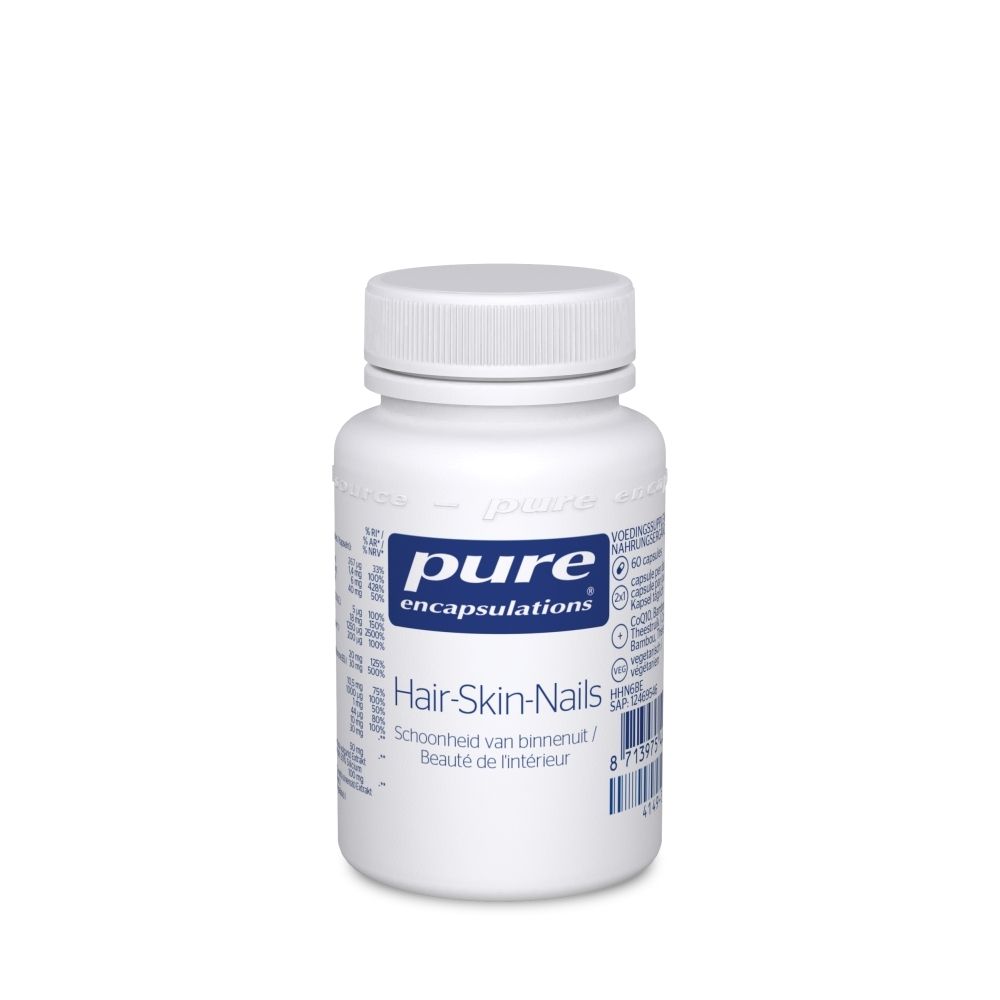 Flacon blanc avec étiquette bleue. Inscription: Pure Encapsulations, Hair-Skin-Nails.