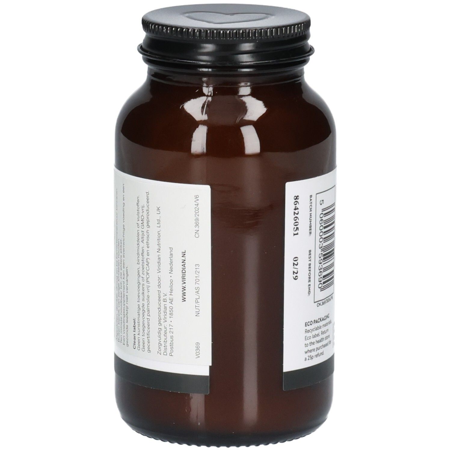 Vue latérale d'une bouteille en verre brun avec bouchon noir et étiquette.