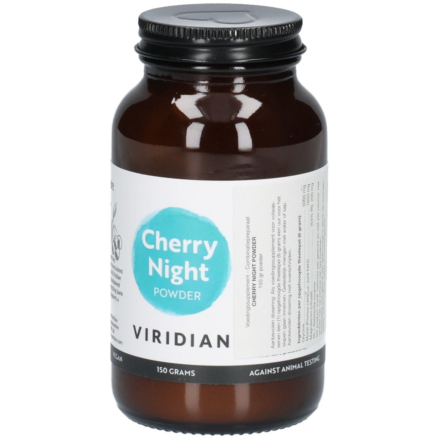 Bouteille en verre brun avec étiquette "Cherry Night Powder" et "Viridian", 150 grammes.