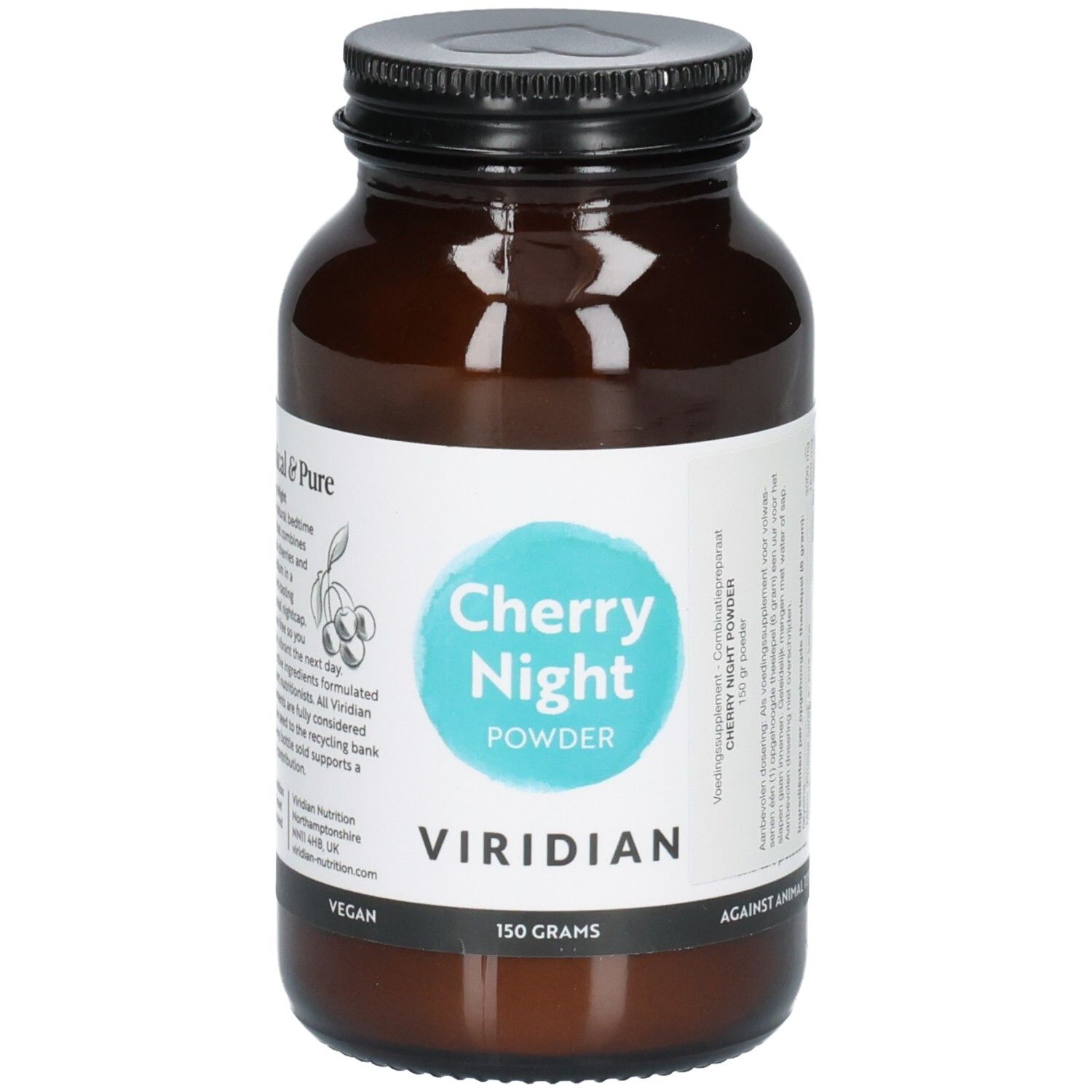 Bouteille en verre brun avec bouchon noir, étiquette "Cherry Night Powder" et "Viridian".