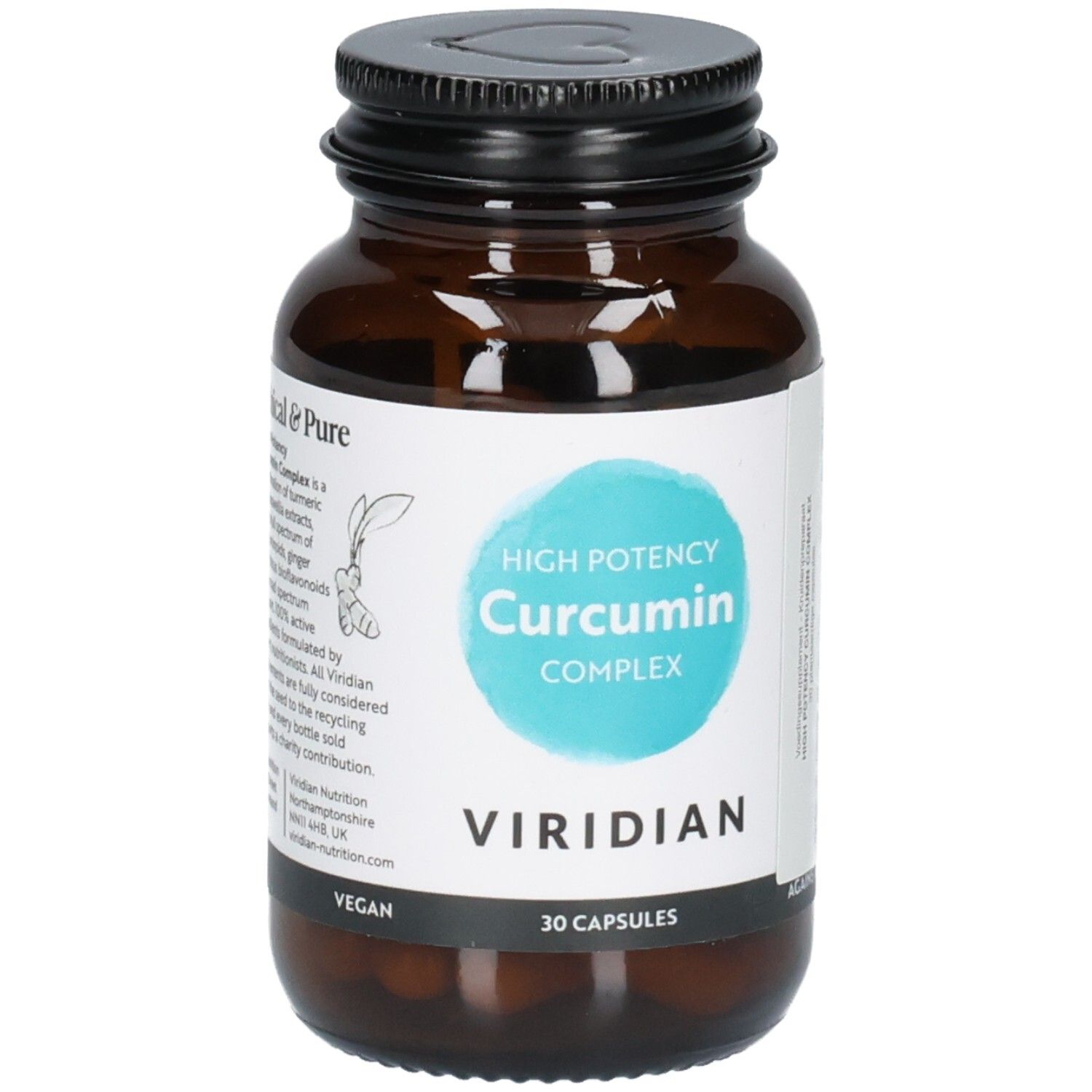 Bouteille en verre ambré avec bouchon noir, étiquette "High Potency Curcumin Complex" et "Viridian".