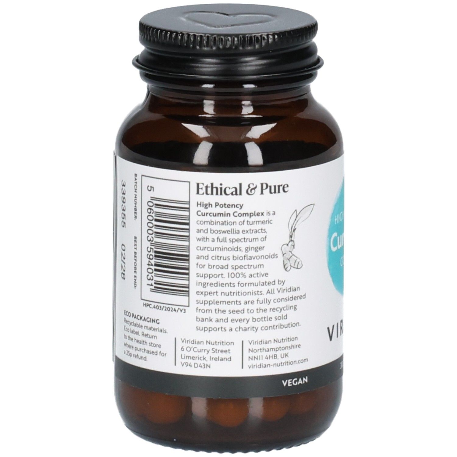 Arrière d'une bouteille Viridian High Potency Curcumin Complex avec code-barres et ingrédients.