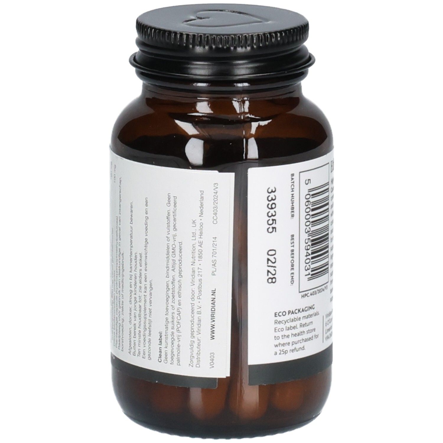 Arrière d'une bouteille Viridian High Potency Curcumin Complex avec code-barres et informations multilingues.