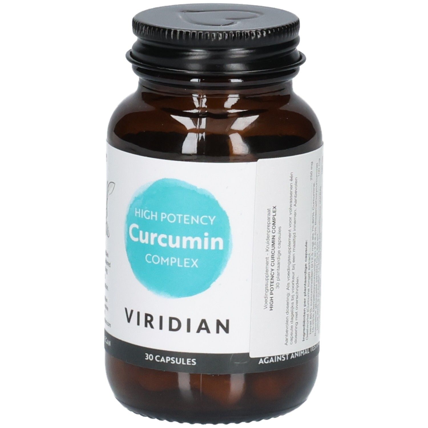 Bouteille Viridian High Potency Curcumin Complex avec étiquette indiquant "Vegan" et "30 Capsules".