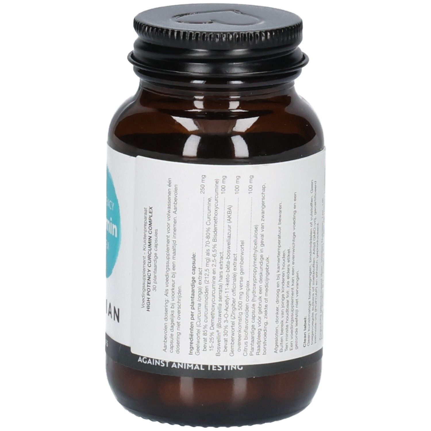 Gros plan de l'arrière d'une bouteille Viridian High Potency Curcumin Complex avec détails des ingrédients.