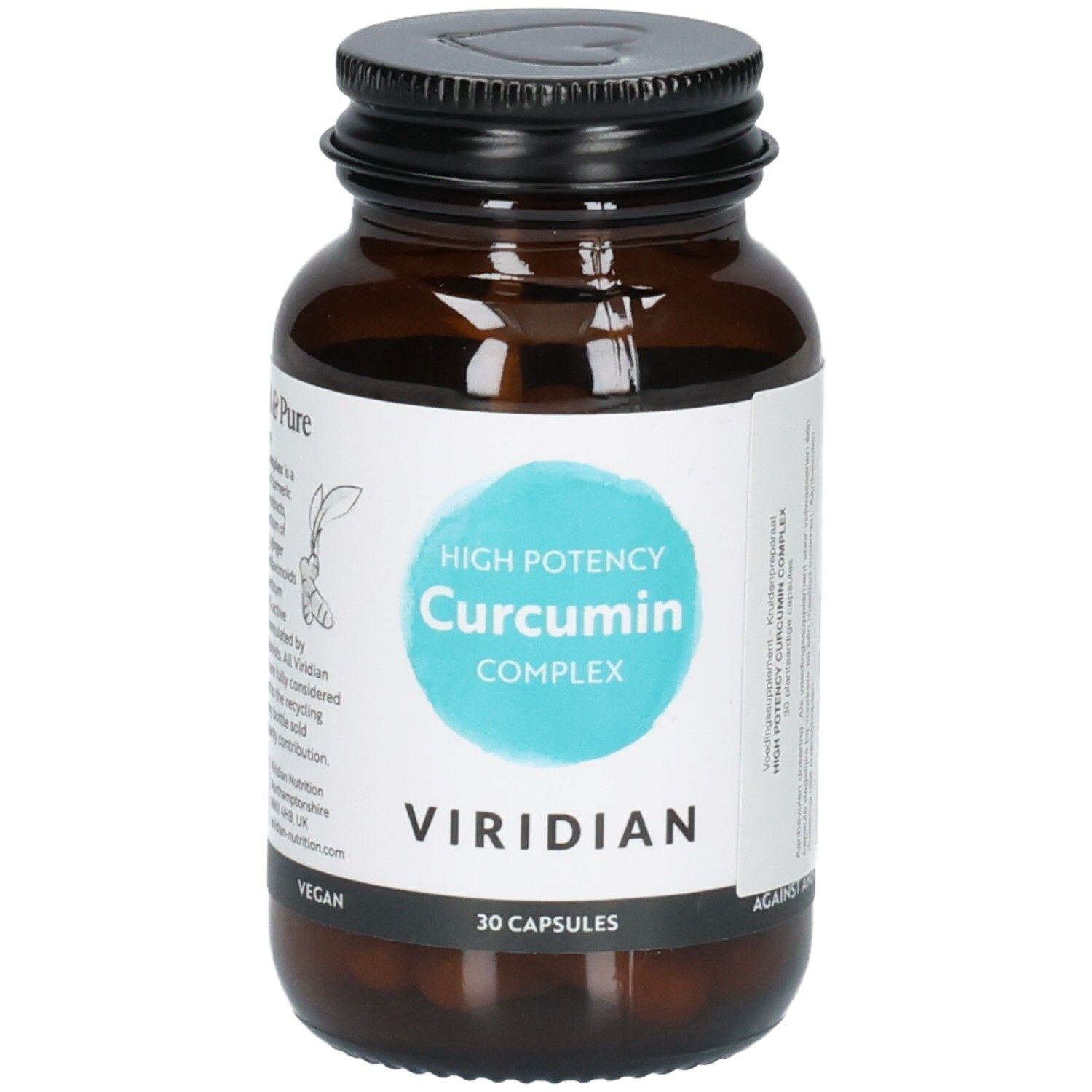 Bouteille Viridian High Potency Curcumin Complex, avant avec étiquette indiquant "Ethical & Pure".
