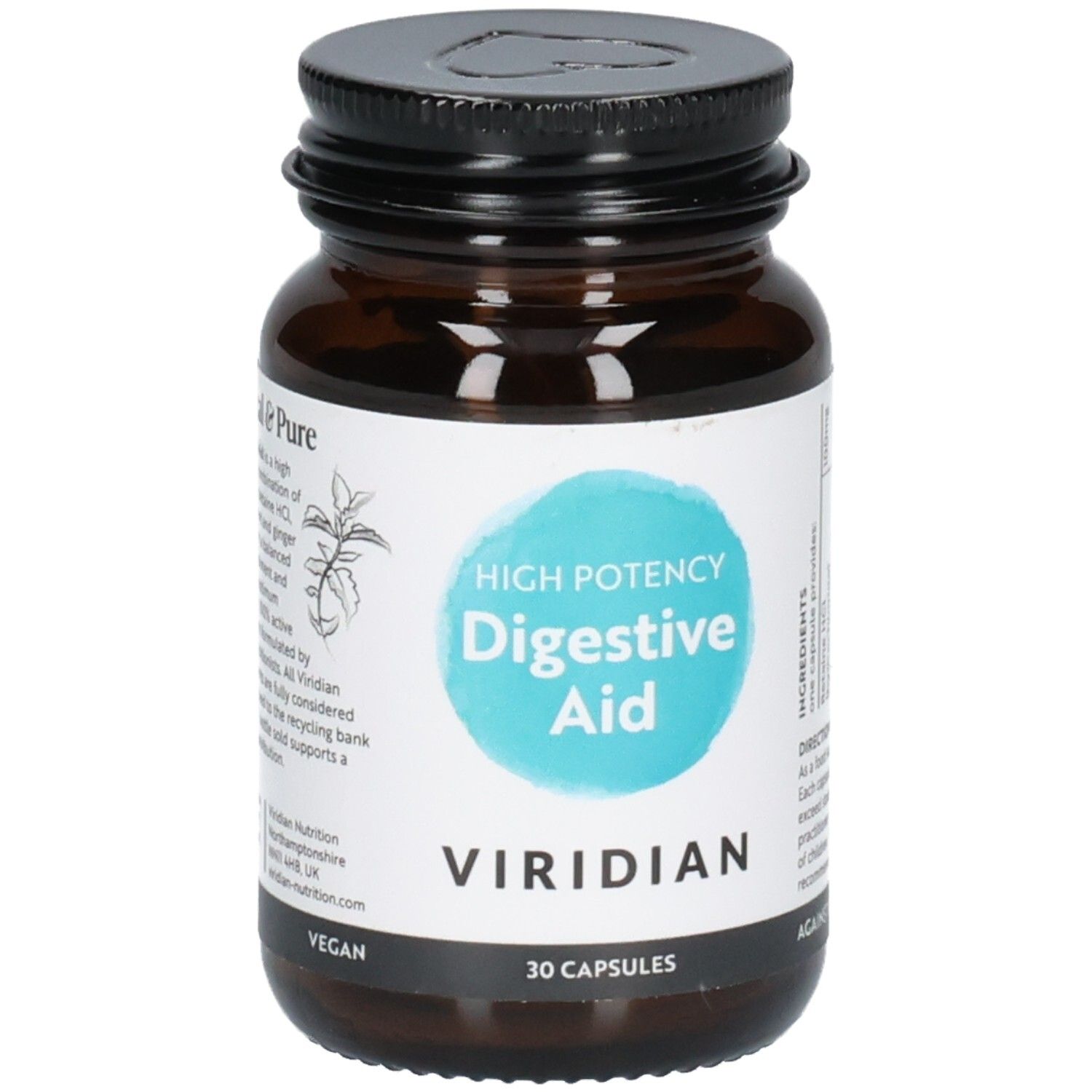 Bouteille en verre brun avec bouchon noir, étiquette "High Potency Digestive Aid" et "Viridian".