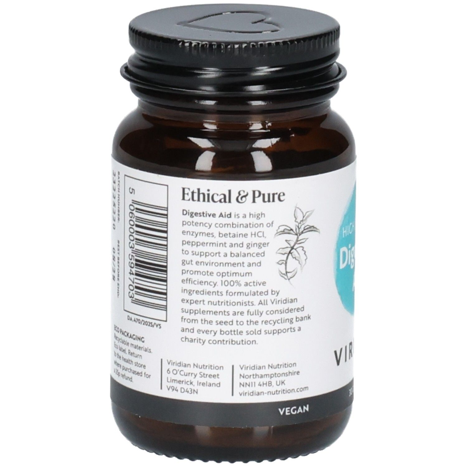Arrière d'une bouteille en verre brun avec étiquette listant "Ethical & Pure" et informations produit.