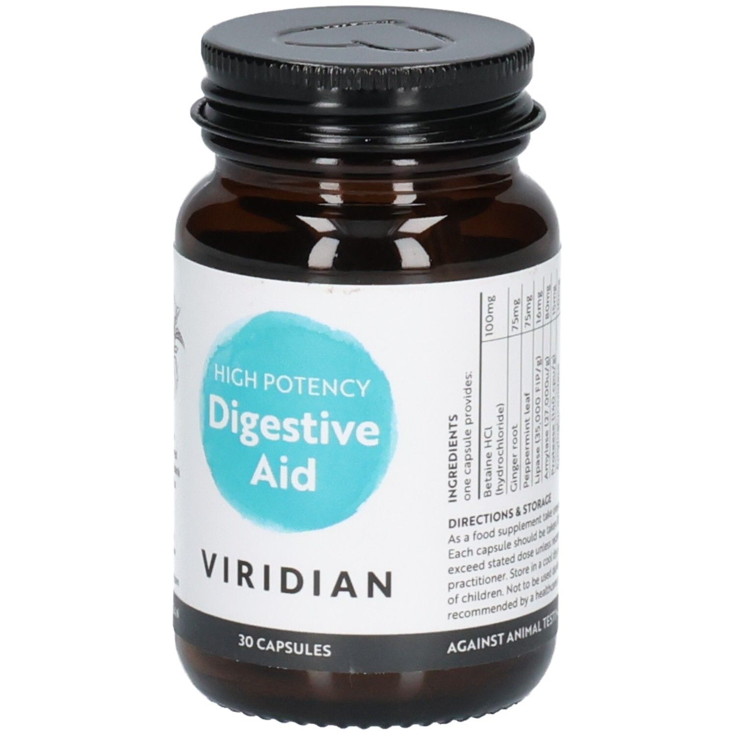 Bouteille en verre brun avec bouchon noir, étiquette "High Potency Digestive Aid", "Viridian" et liste des ingrédients.