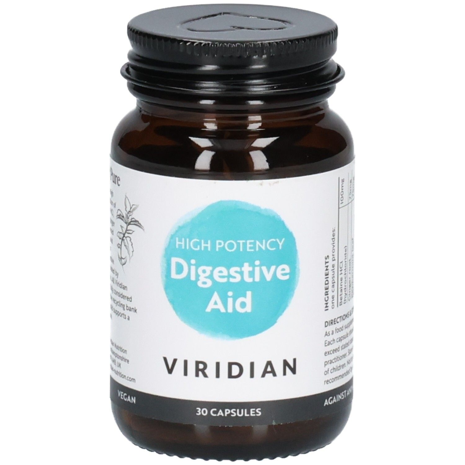 Bouteille en verre brun avec bouchon noir, étiquette "High Potency Digestive Aid", "Viridian" et sceau "Vegan".
