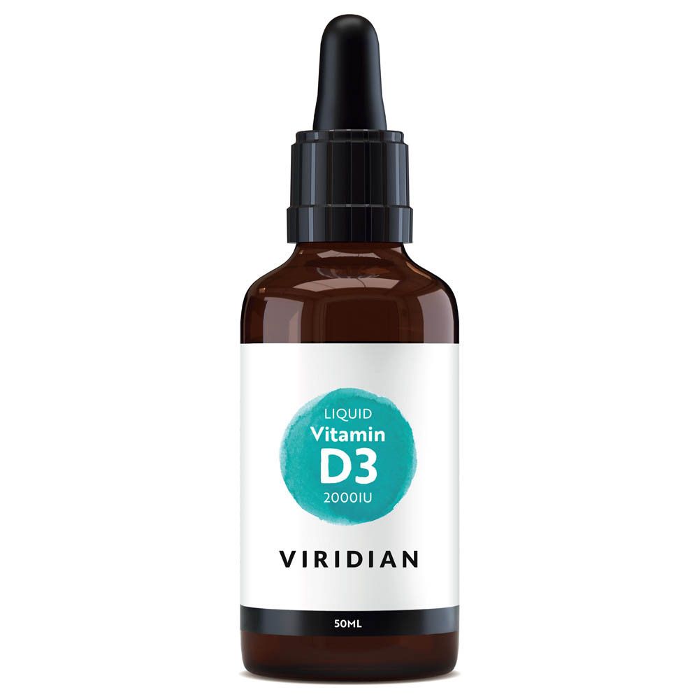 Flacon en verre brun avec bouchon noir et pipette. Étiquette avec cercle bleu et texte: Liquid Vitamin D3 2000iu. Marque: Viridian.