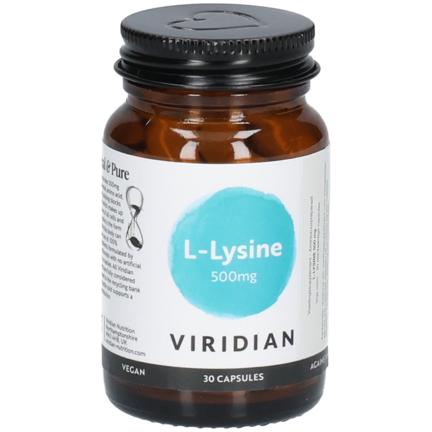 Flacon en verre brun de L-Lysine 500mg Viridian. Contient 30 gélules végétaliennes.