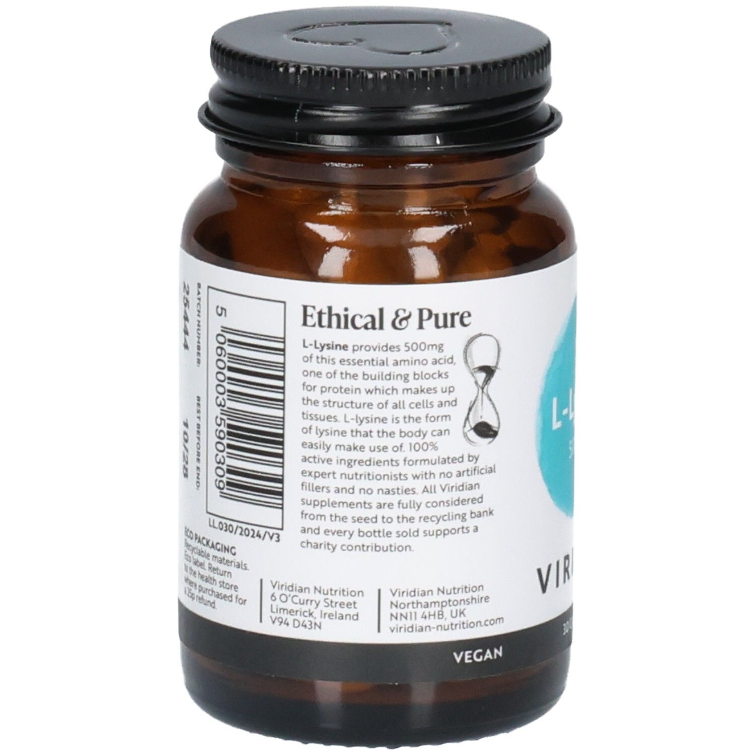 Arrière d'un flacon Viridian L-Lysine 500mg avec informations produit et code-barres.