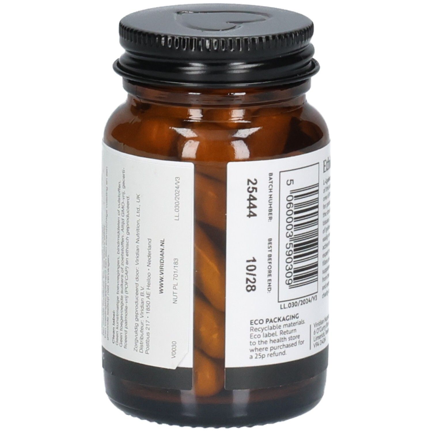 Côté d'un flacon Viridian L-Lysine 500mg avec numéro de lot et date d'expiration.