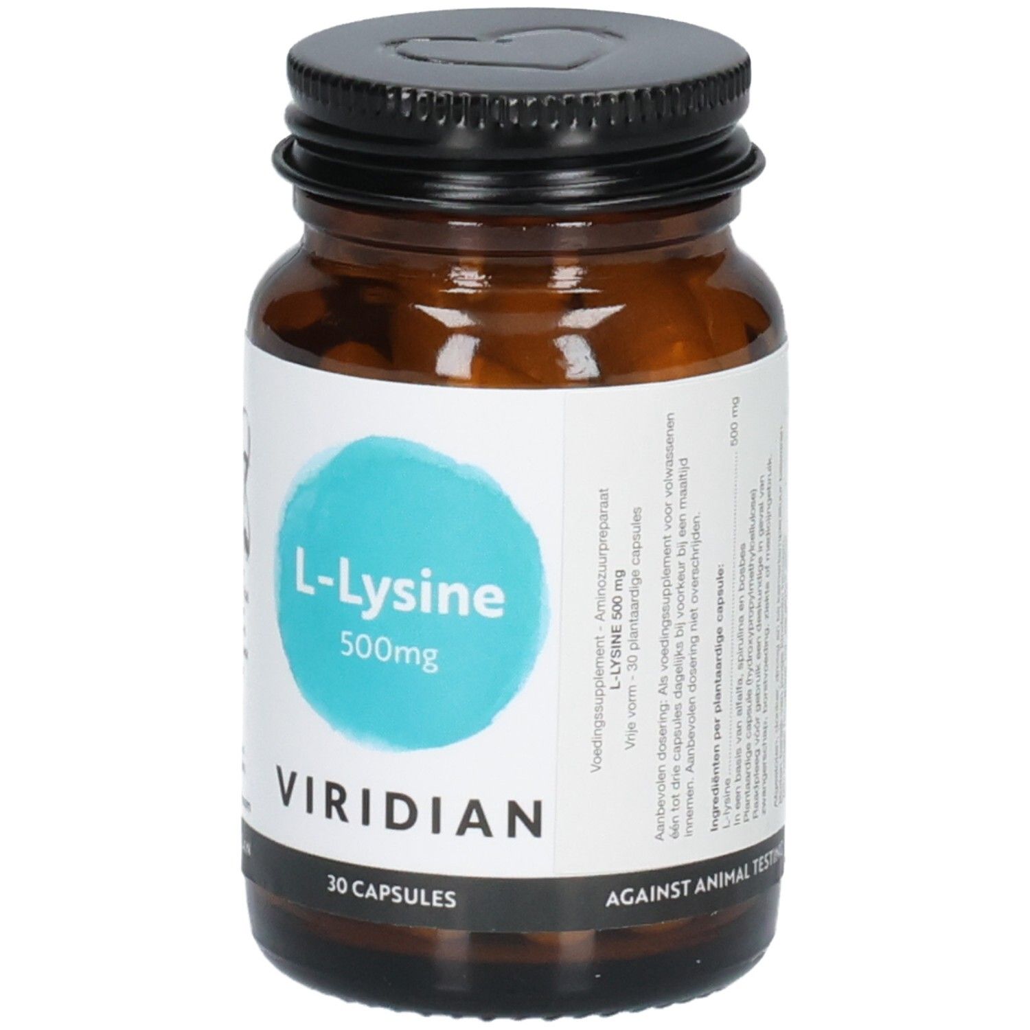 Flacon Viridian L-Lysine 500mg avec étiquette multilingue. 30 gélules végétales.