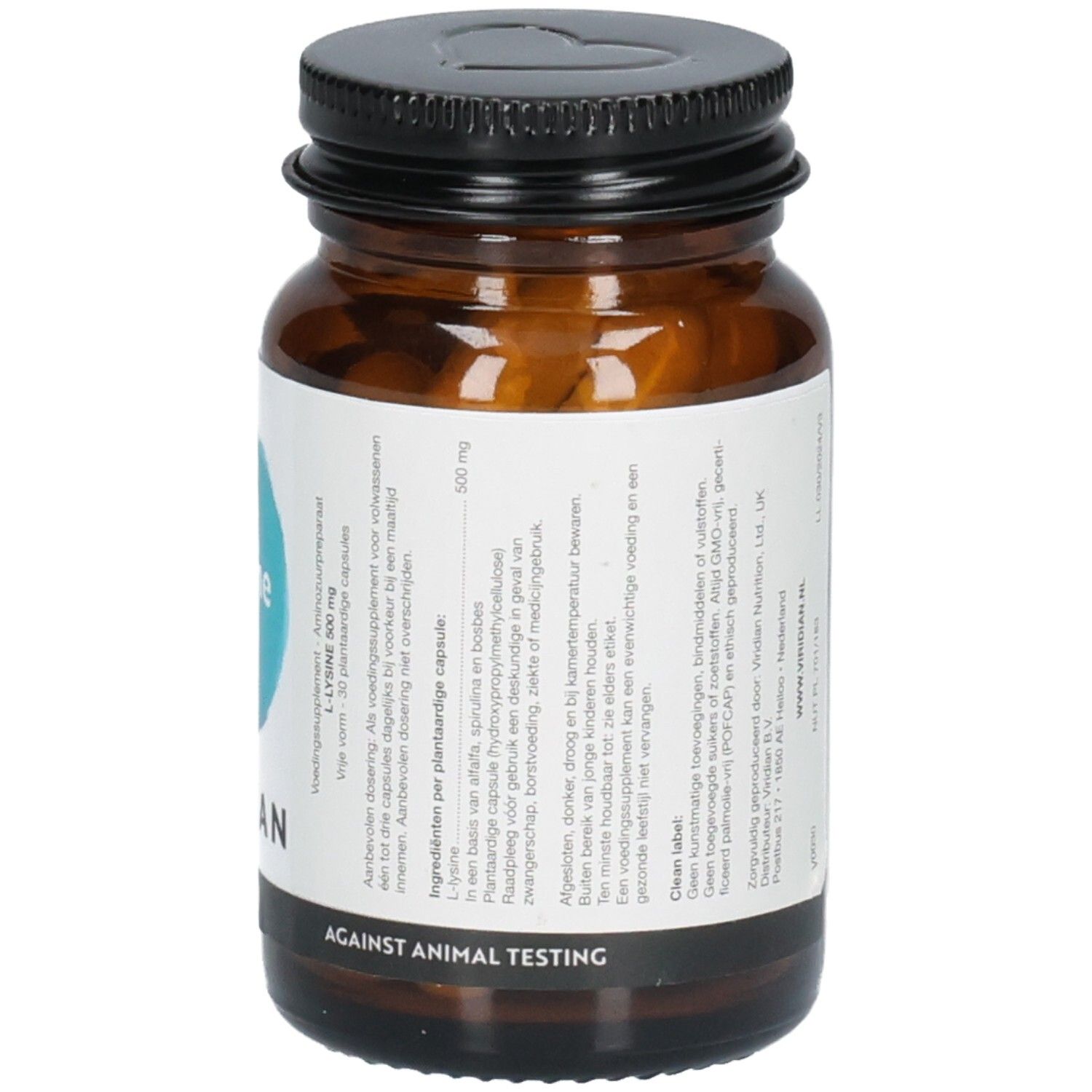 Arrière d'un flacon Viridian L-Lysine 500mg avec mention 'Contre les tests sur animaux'.