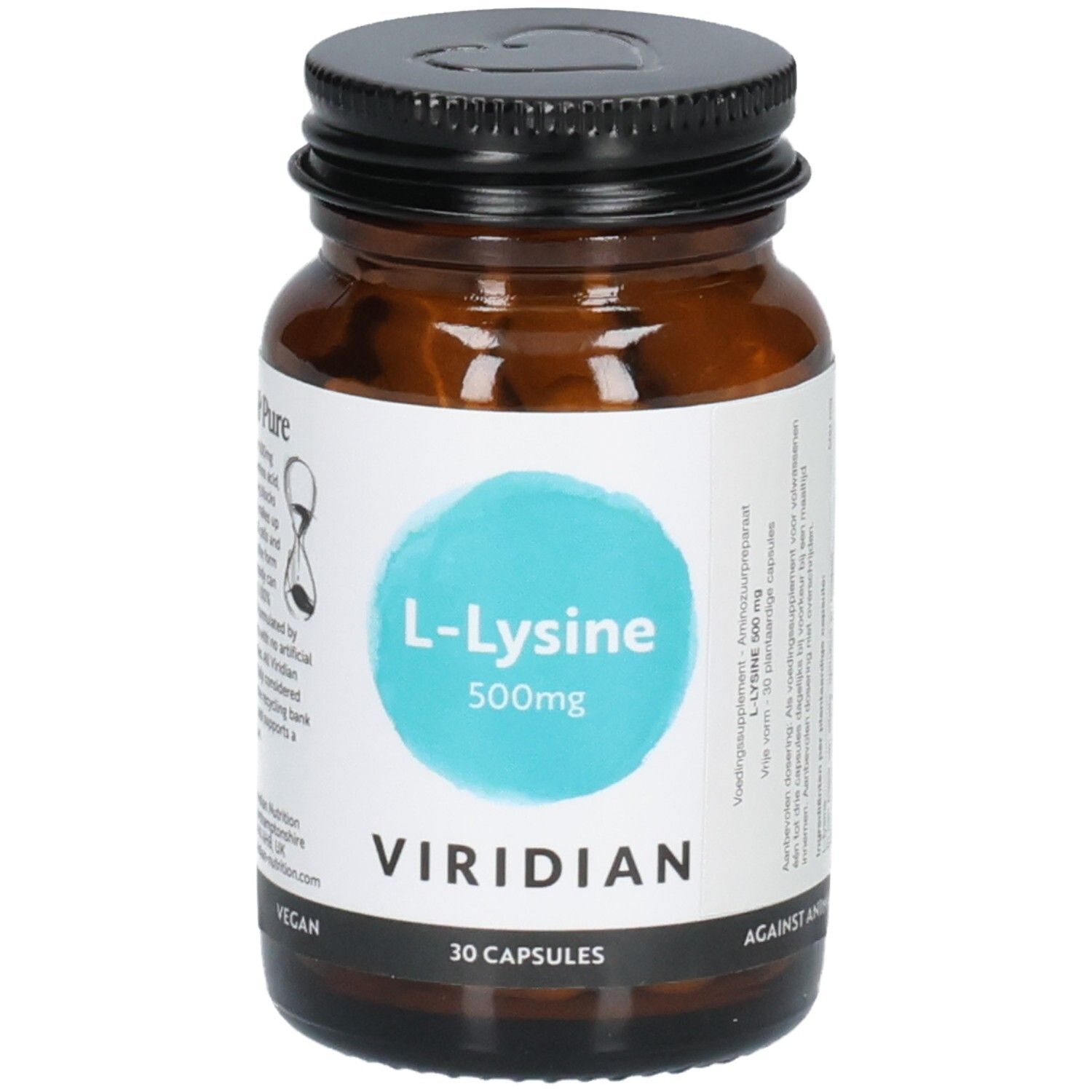 Flacon Viridian L-Lysine 500mg, 30 gélules. L'étiquette indique 'Vegan' et 'Against Animal Testing'.