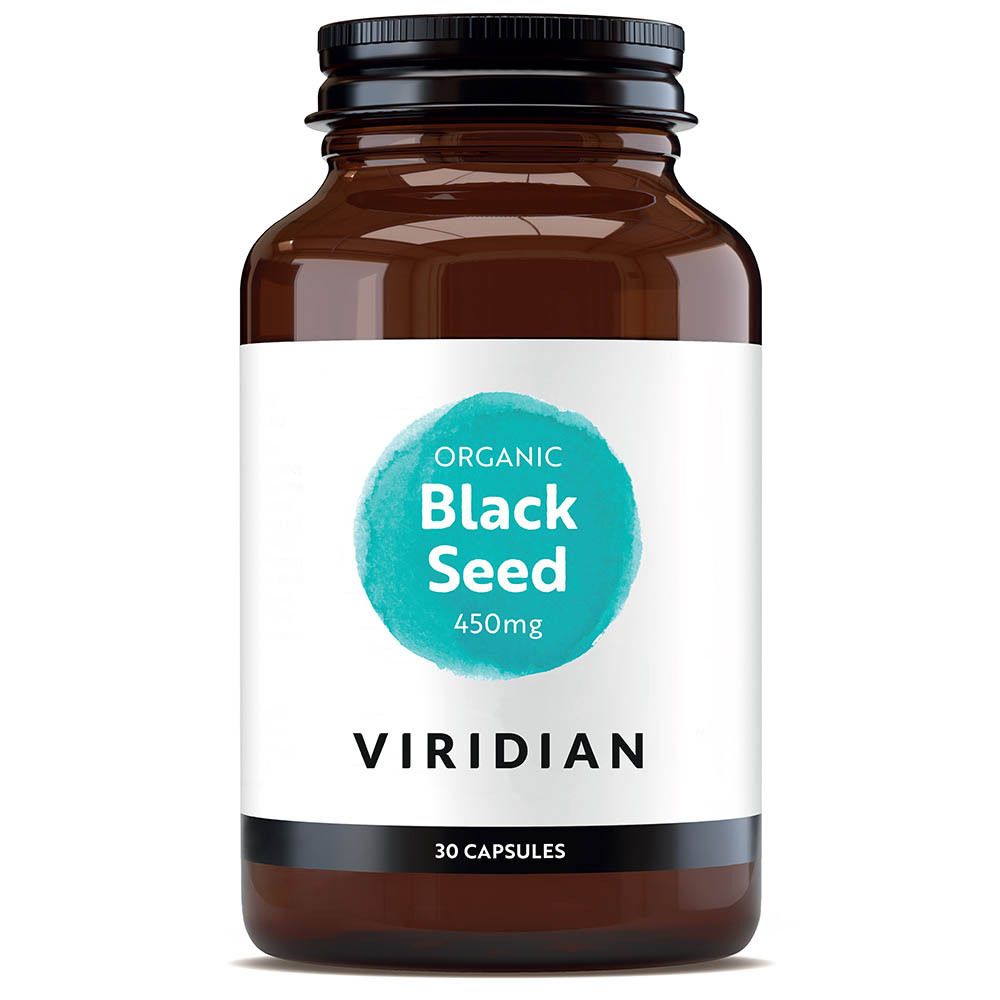 Flacon brun avec capsules. Étiquette : viridian, Organic Black Seed 450mg, 30 capsules. Sceau.