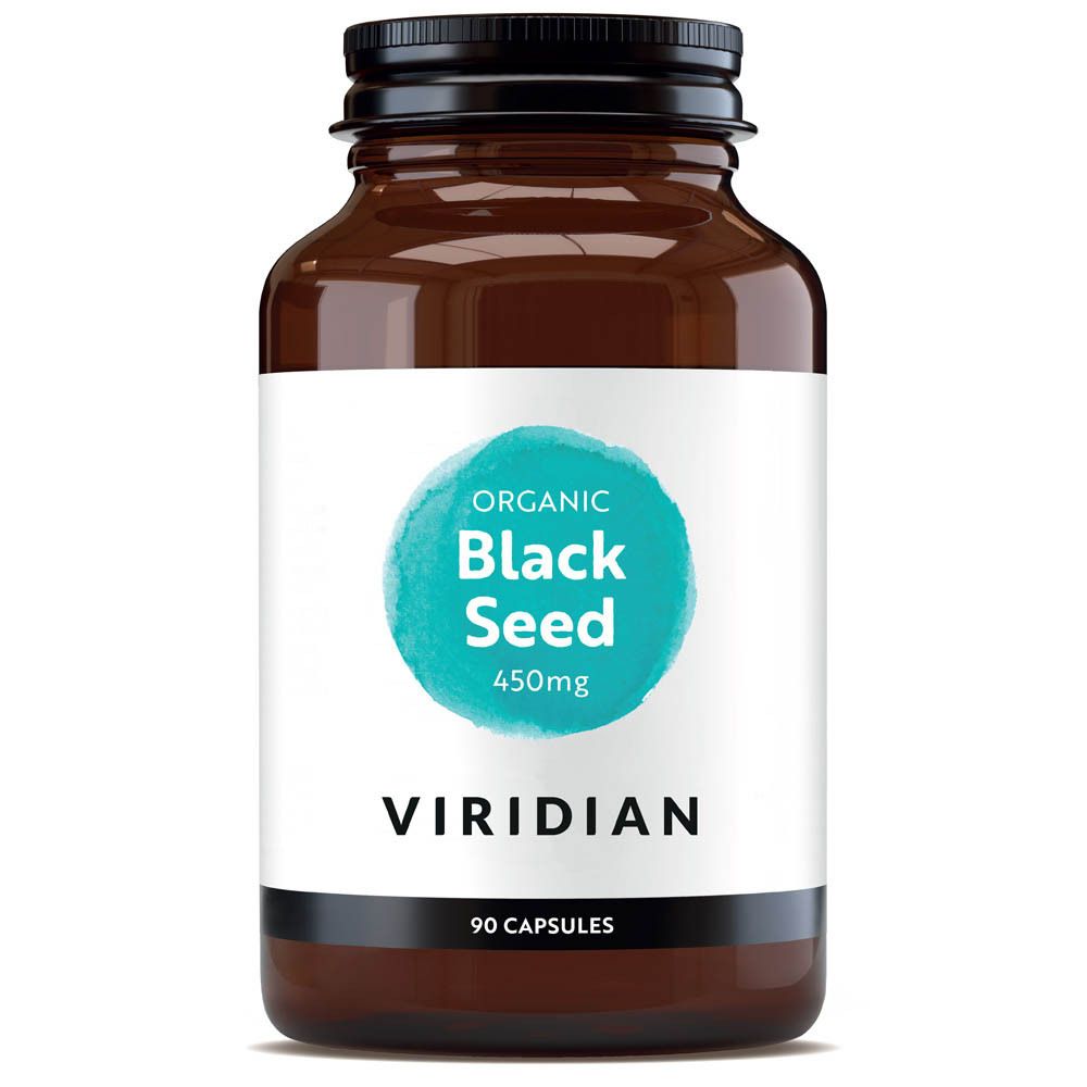 Flacon en verre brun avec capsules. Étiquette "Organic Black Seed 450mg" et "Viridian". 90 capsules.