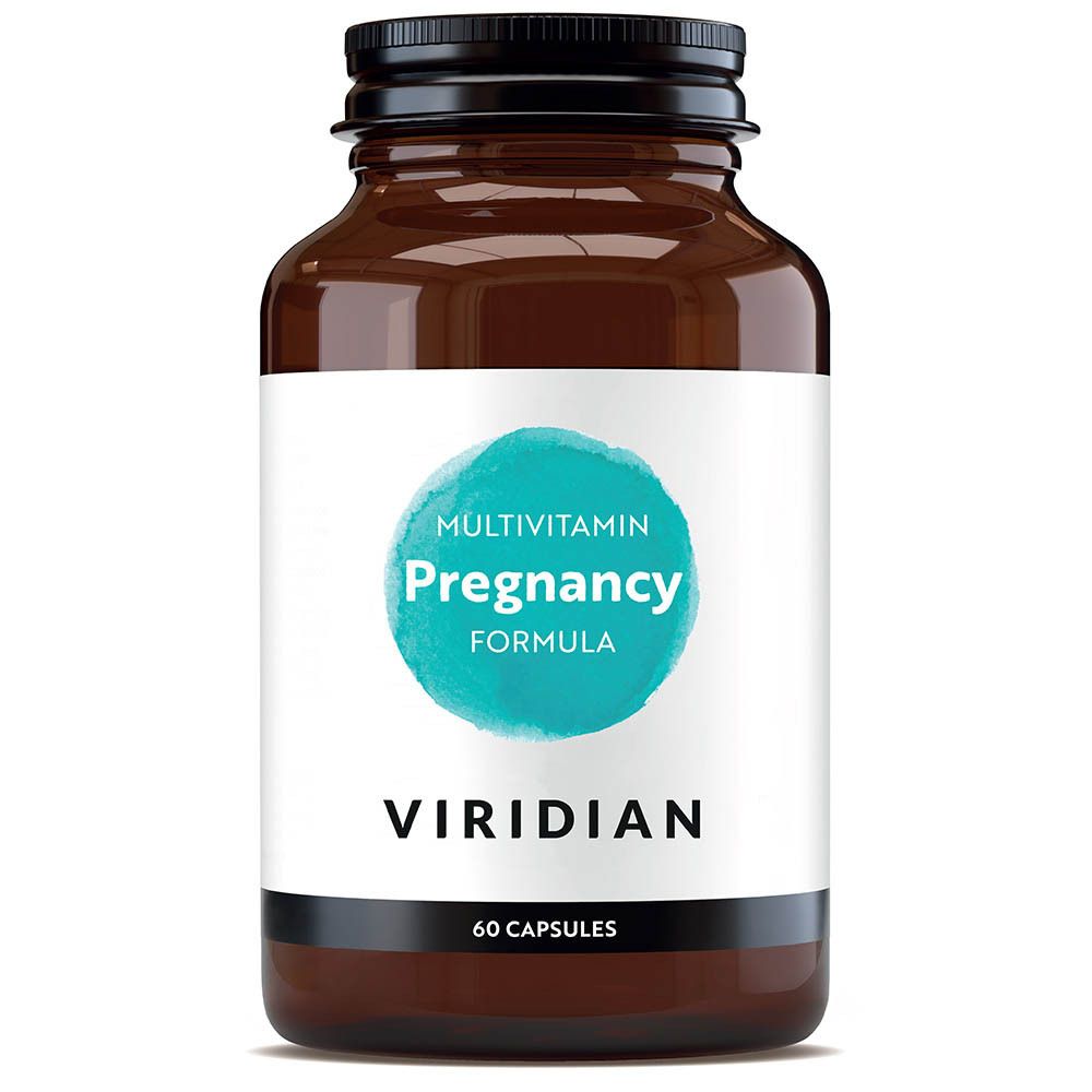 Flacon en verre brun avec étiquette blanche. Étiquette avec cercle bleu et texte: Pregnancy Formula, 60 gélules. Marque: Viridian.