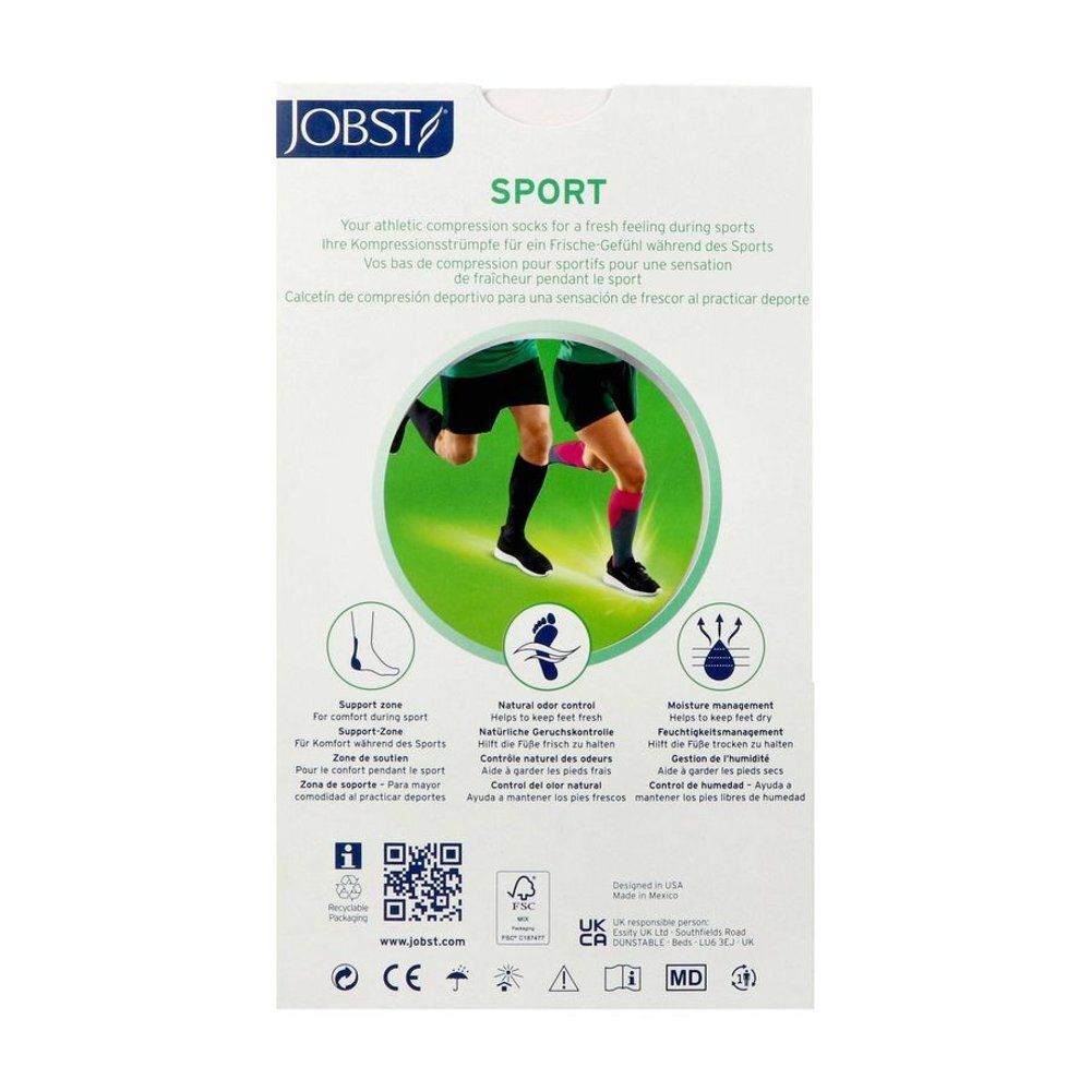 Vue latérale de l'emballage des bas de compression JOBST Sport avec tableau des tailles et illustration des bas.