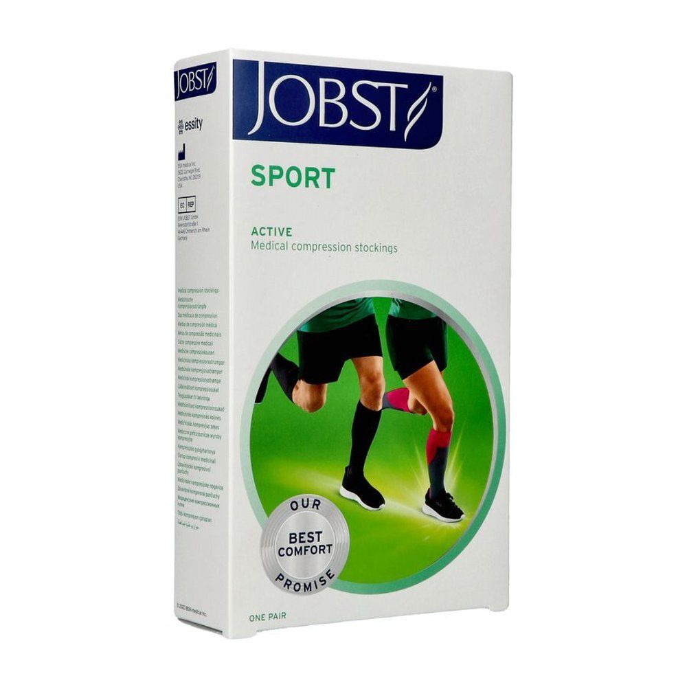 Bas de compression JOBST Sport, noirs, avec illustration de coureurs et caractéristiques produit comme le contrôle des odeurs.