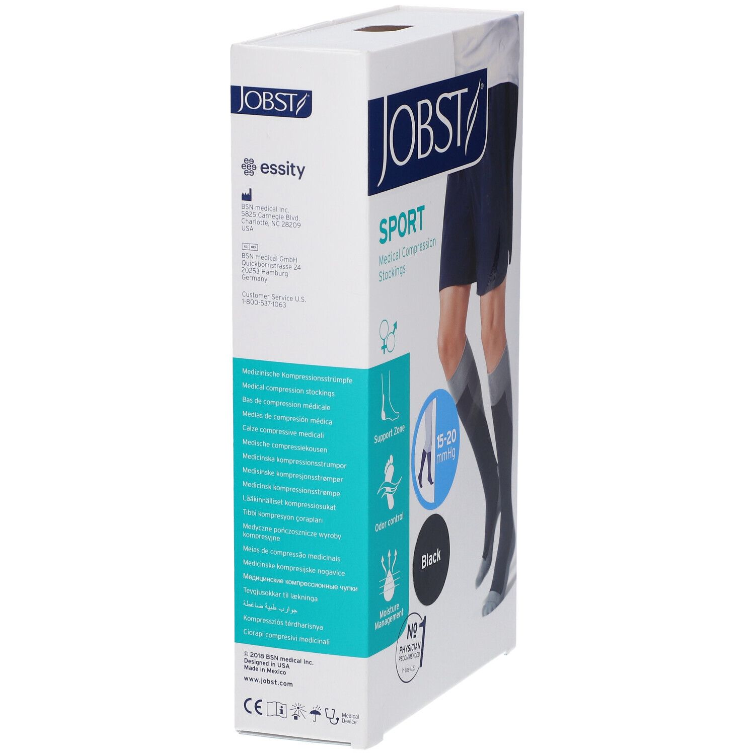 Emballage des bas de compression JOBST Sport. Bas de compression noirs, 15-20 mmHg, sur l'emballage.