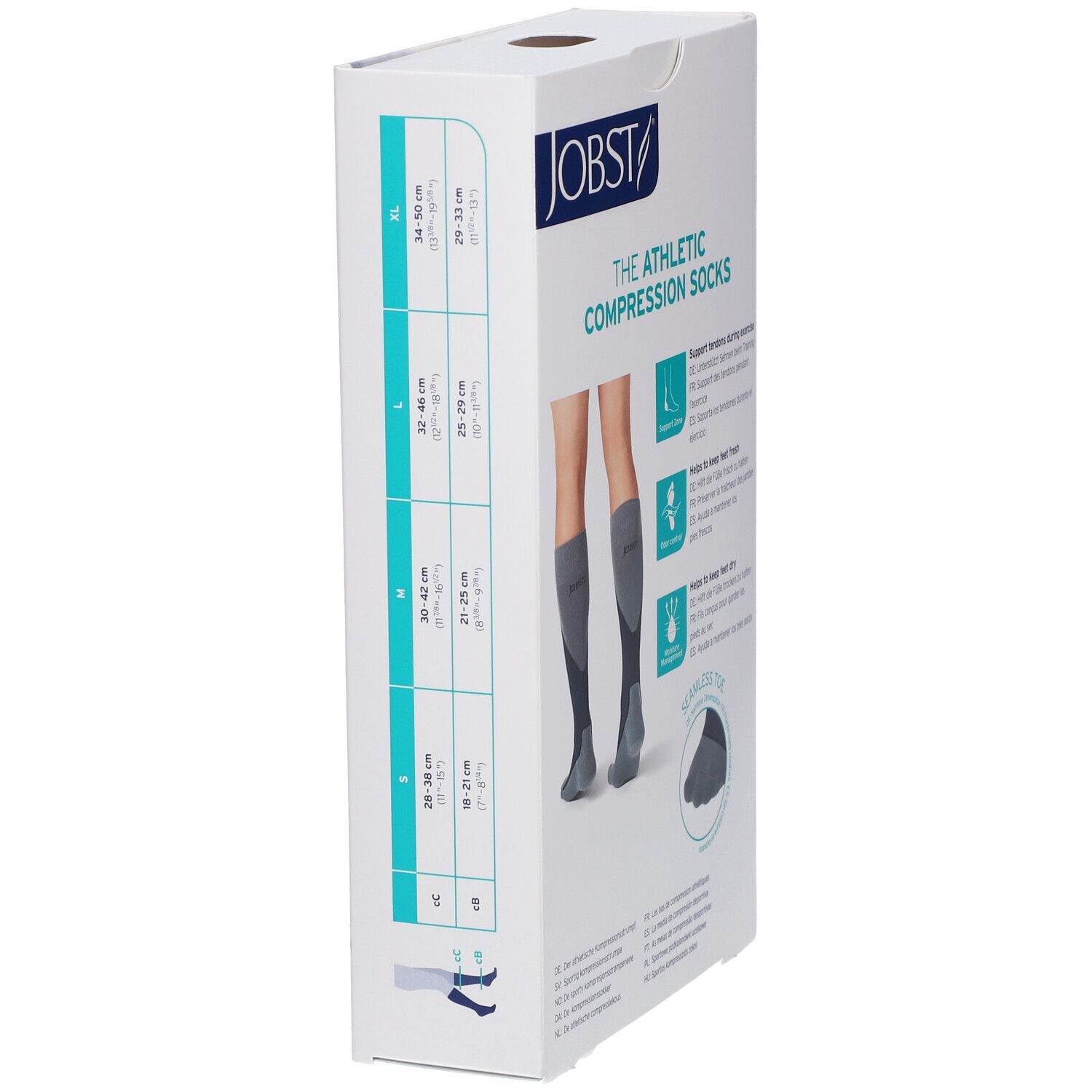 Emballage des bas de compression JOBST Sport. Indications de taille et illustration des bas.