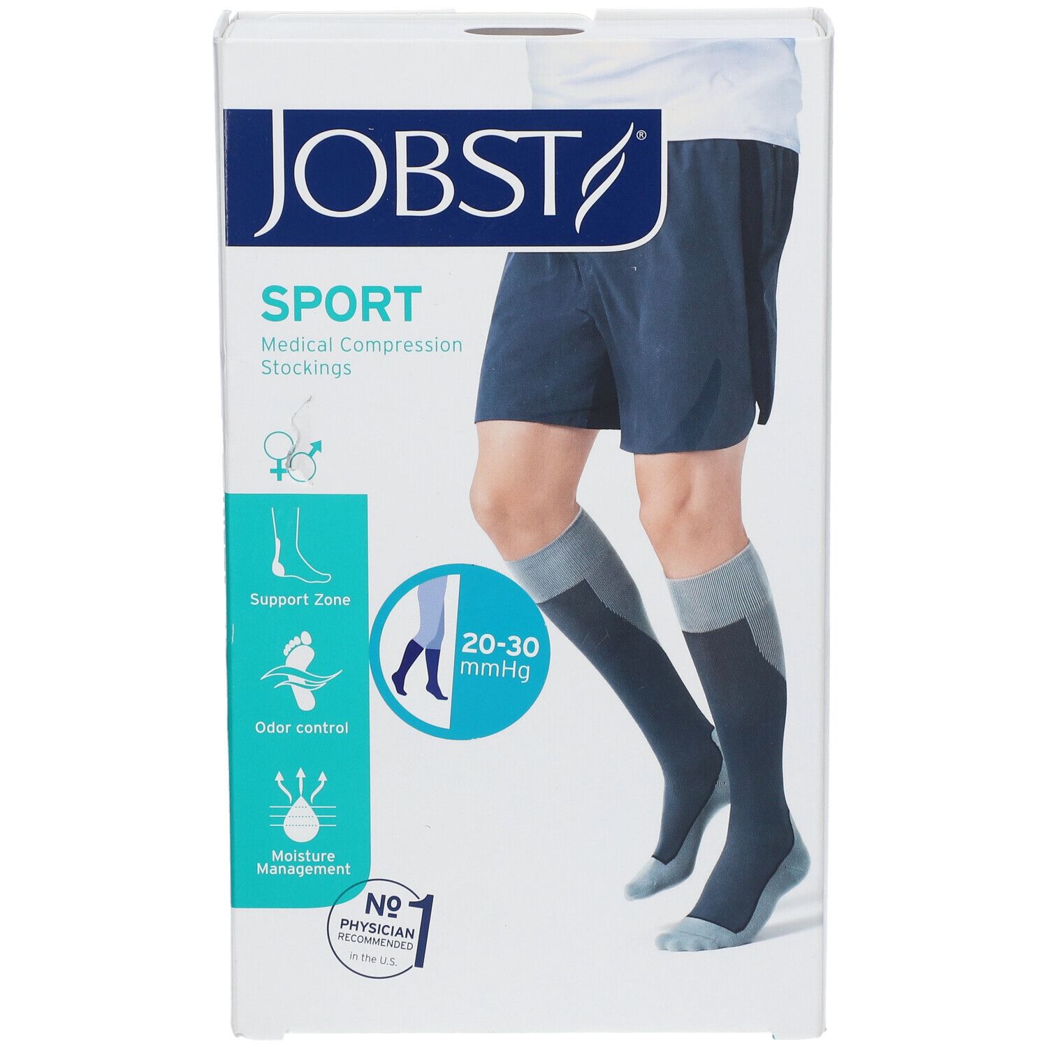 Boîte de bas de compression JOBST Sport. Bas médicaux. 20-30 mmHg. Caractéristiques : Support, contrôle des odeurs, gestion de l'humidité.
