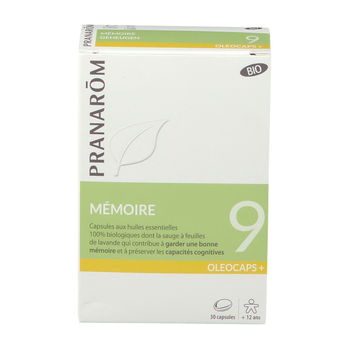 Boîte en carton avec logo et nom du produit. Inscription : Mémoire, Oleocaps+. Contient 30 capsules. Certification bio.