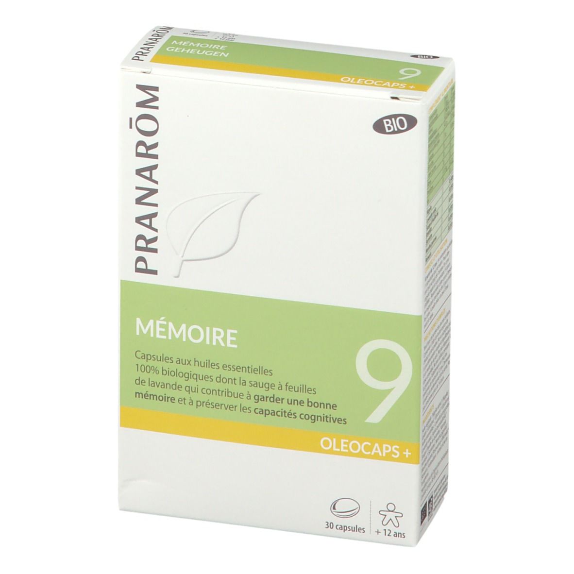 Boîte en carton avec logo et nom du produit. Inscription : Mémoire, Oleocaps+. Contient 30 capsules. Certification bio.