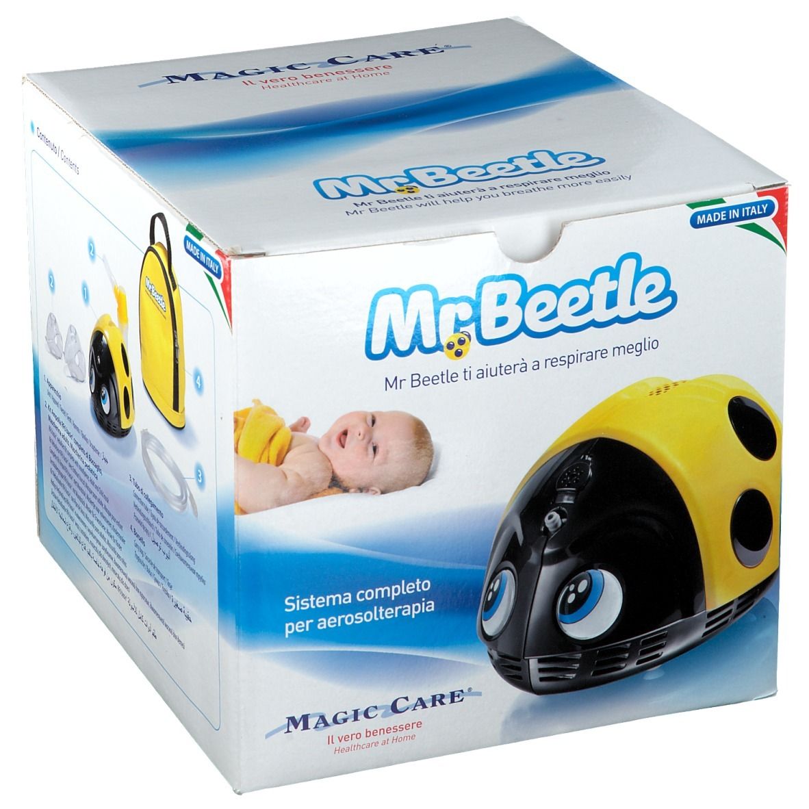 Boîte du Mr. Beetle Aérosol. Appareil d'inhalation jaune et noir avec yeux. Inscriptions: Mr. Beetle, Magic Care.
