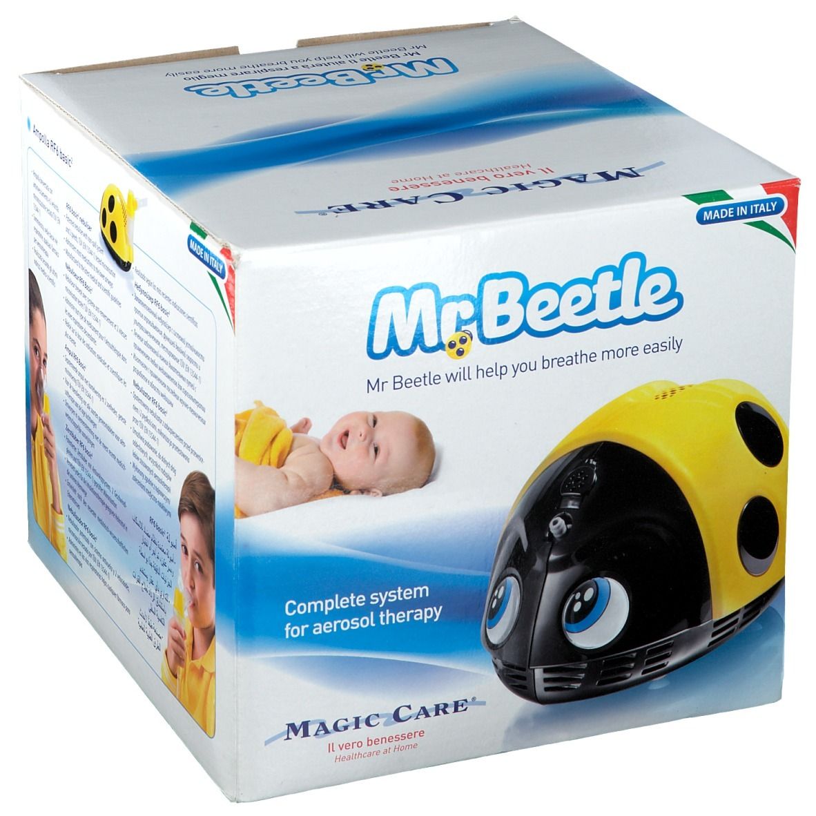 Boîte du Mr. Beetle Aérosol. Appareil d'inhalation jaune et noir avec yeux. Inscriptions: Mr. Beetle, Magic Care.