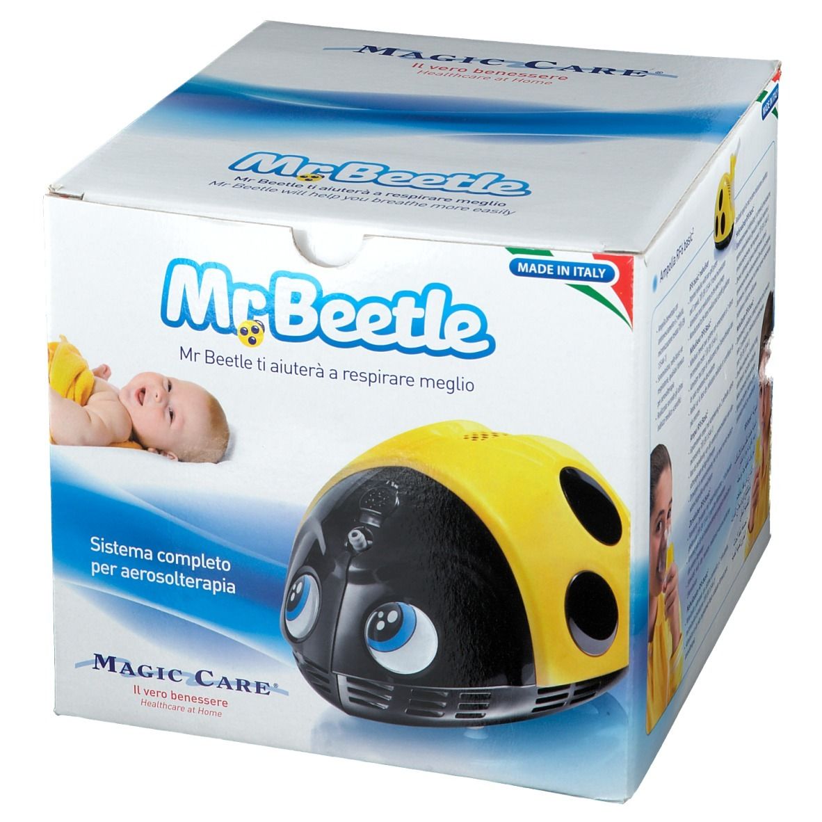 Boîte du Mr. Beetle Aérosol. Appareil d'inhalation jaune et noir avec yeux. Inscriptions: Mr. Beetle, Magic Care.